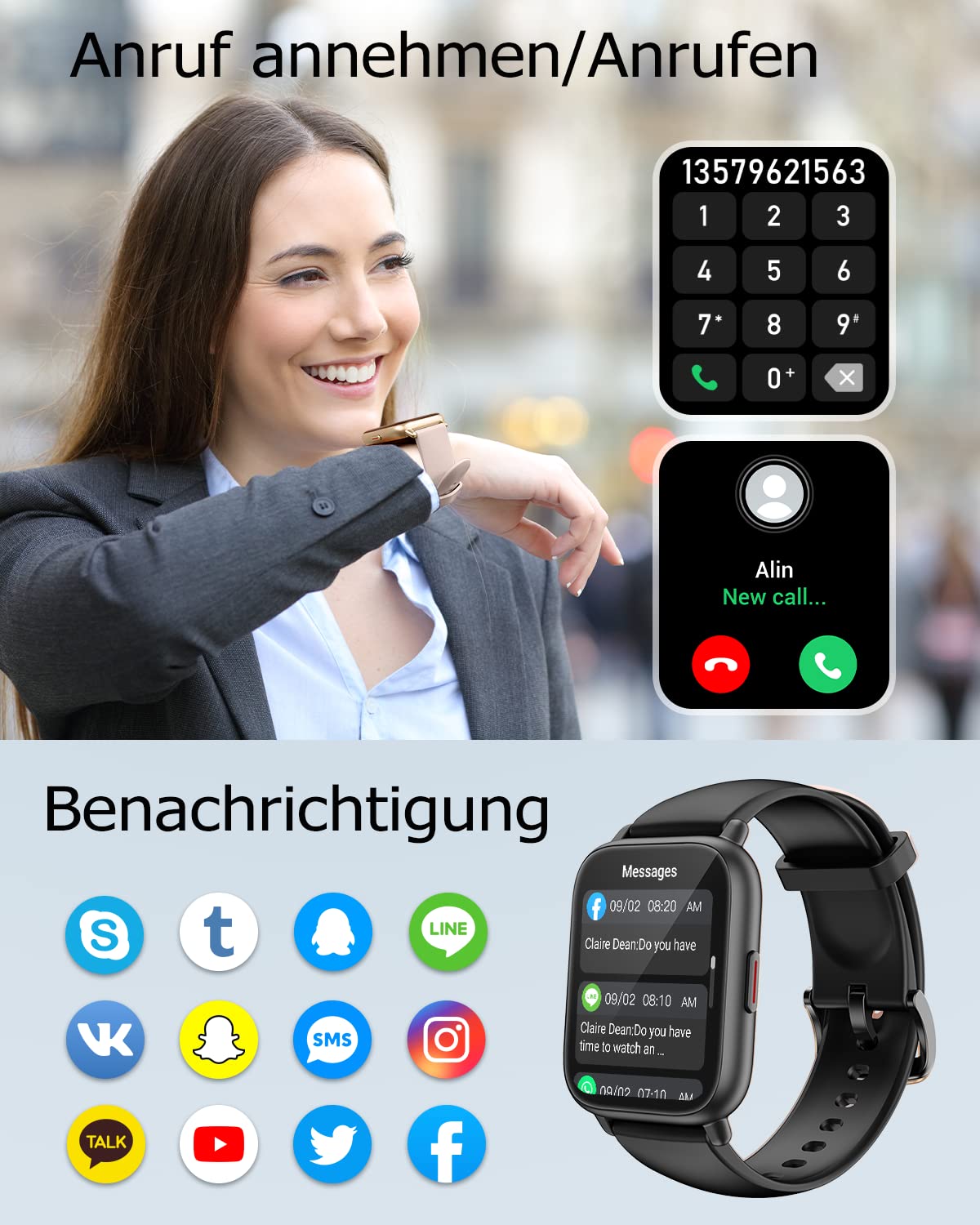 RUIMEN Smartwatch mit Telefonfunktion,Smartwatch für Damen Herren HD-Touch Screen Fitnessuhr mit SpO2-Überwachung Pulsuhr Schlafmonitor Schrittzähler Uhr Multi Trainingsmodi für Android iOS