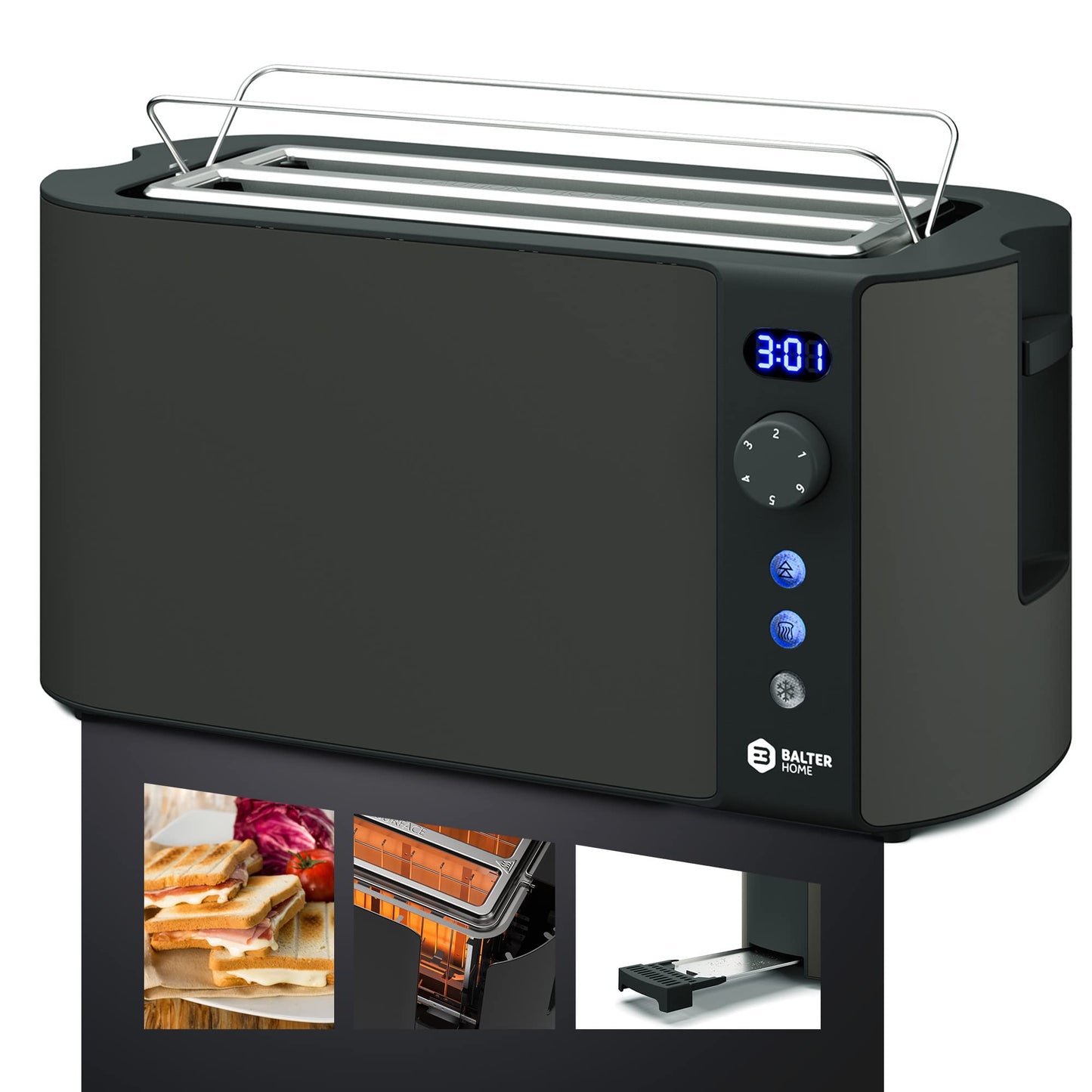 Balter Toaster 4 Scheiben, Langschlitz, Edelstahl, Brötchenaufsatz, LCD Display mit Restzeitanzeige, Auftaufunktion, Brotzentrierung, Krümelschublade, TS-04-LCD, Farbe: Grau