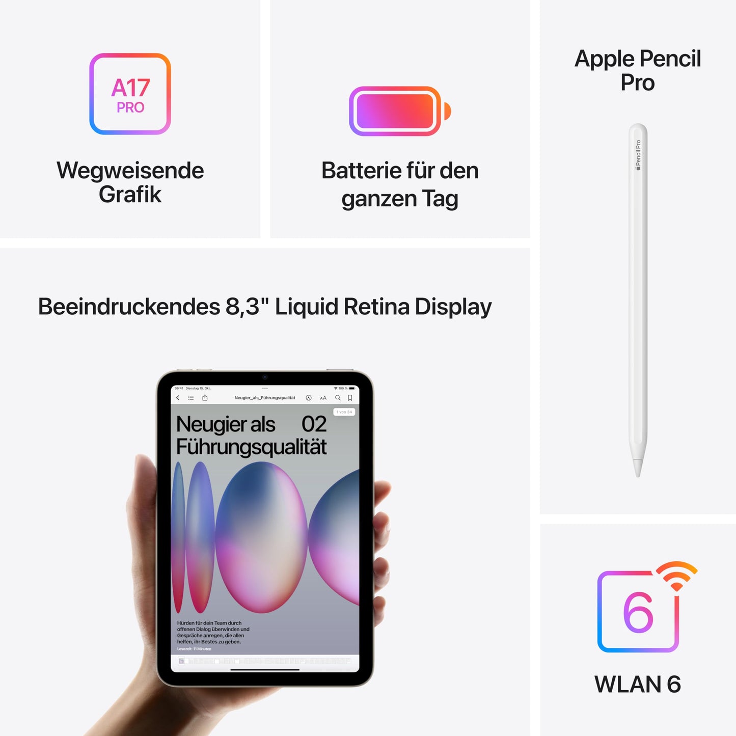 Apple iPad Mini (A17 Pro): 8,3'' Liquid Retina Display, 128 GB, WLAN 6E, 12 MP Front /12 MP Rückkamera, Touch ID, Batterie für den ganzen Tag – Space Grau