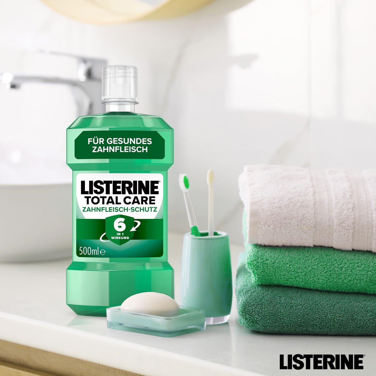 LISTERINE Total Care Zahnfleisch-Schutz (500 ml), antibakterielle Mundspülung mit Fluorid für gesundes Zahnfleisch, Zahnpflege Mundwasser reduziert Zahnbelag mit 6 in 1 Wirkung