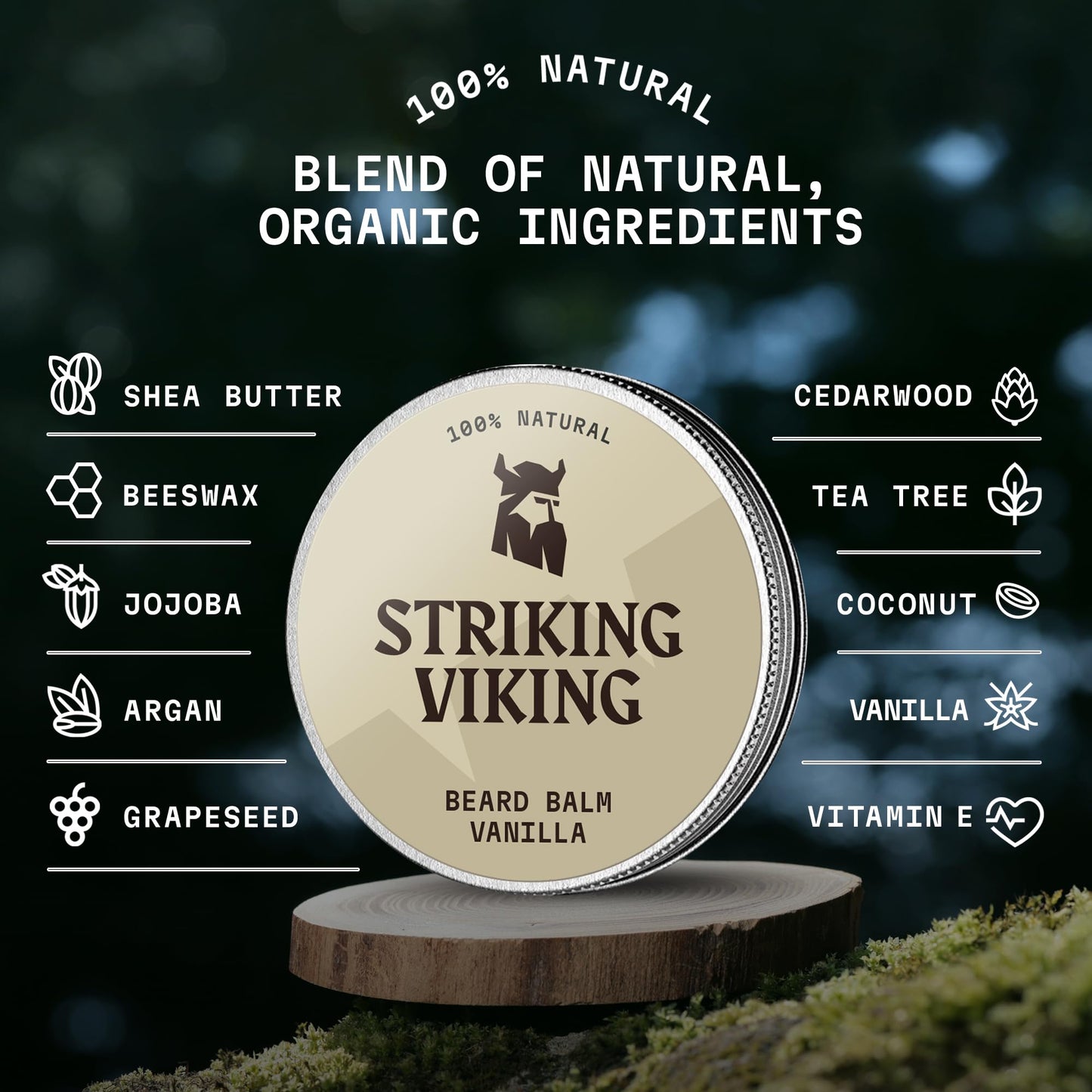 Striking Viking parfümfreier Bartbalsam von Viking – stylt, stärkt und macht Bärte und Schnurrbärte weich – 100% natürliche Bartpflege mit Bio-Sheabutter, Teebaum-, Argan- und Jojobaöl (vanilla)