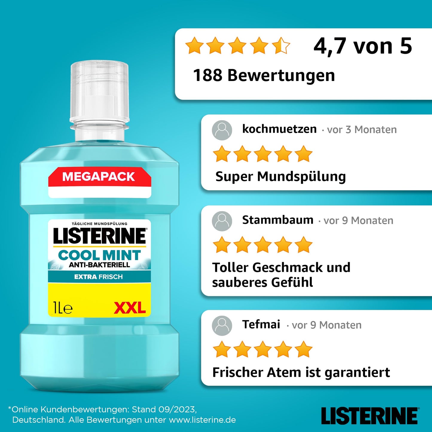 LISTERINE Cool Mint Mundwasser (1000 ml), antibakterielle Mundspülung mit ätherischen Ölen & intensivem Minzgeschmack, Zahnpflege-Spülung reduziert Zahnbelag und bekämpft wirksam Mundgeruch