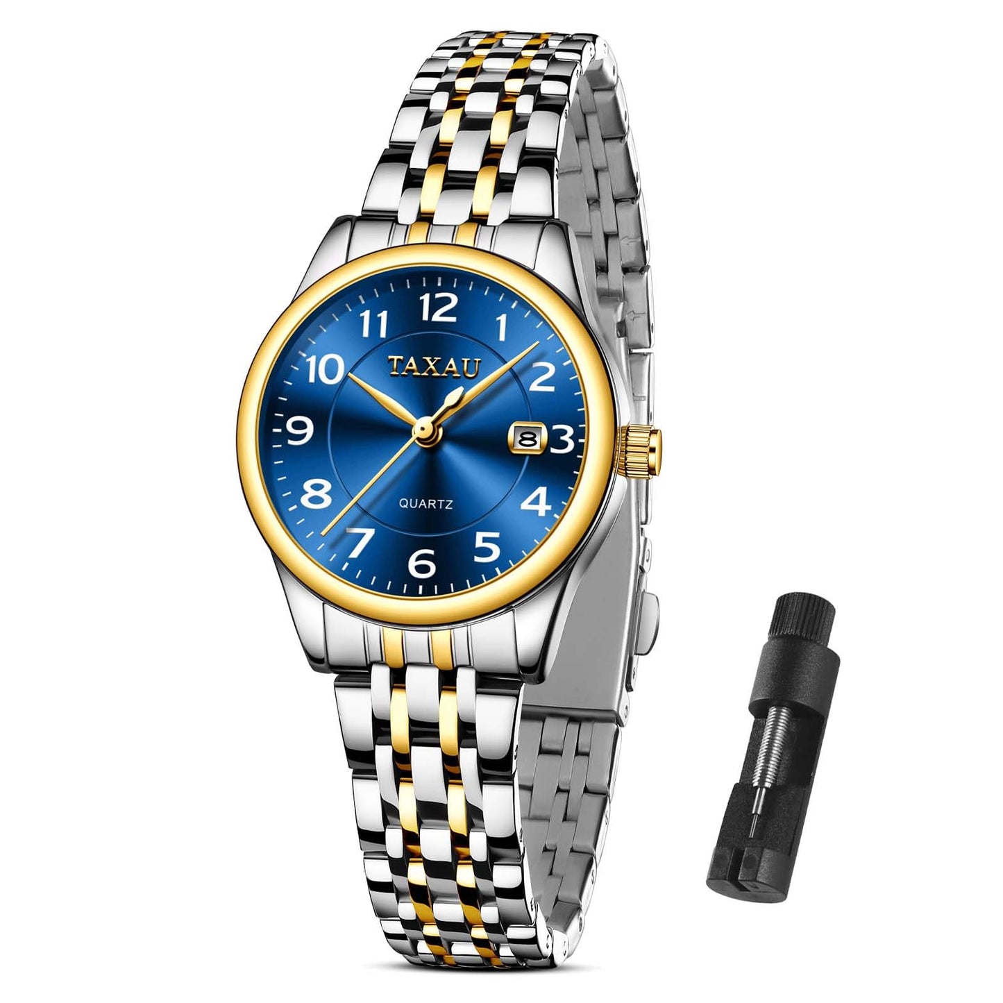 Taxau Uhren Frauen Elegantes Kleid Blaues Zifferblatt Analog Quarz Damen Wirstwatch Edelstahl für Frauen Wasserdicht Leuchtdatum Klassisches Kleid Reloj para Mujer