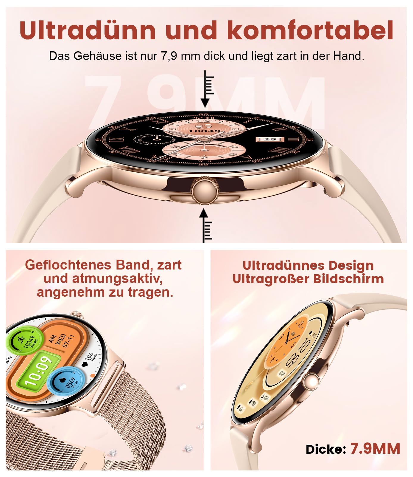 Smartwatch Damen Mit Telefonfunktion,1.43"AMOLED Fitnessuhr Mit Herzfrequenz/Spo2/Schlafmonitor Kompatibel Android iOS,SchrittzäHler Kalorien IP68 Wasserdicht Smart Watch 100+Sport Modi Roségold