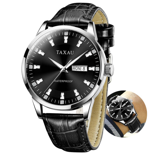 Taxau Herren Lederuhr Mode Schwarzes Zifferblatt Analoge Quarzuhr mit Datum Klassische wasserdichte Kleid Armbanduhr Reloyes para Hombres