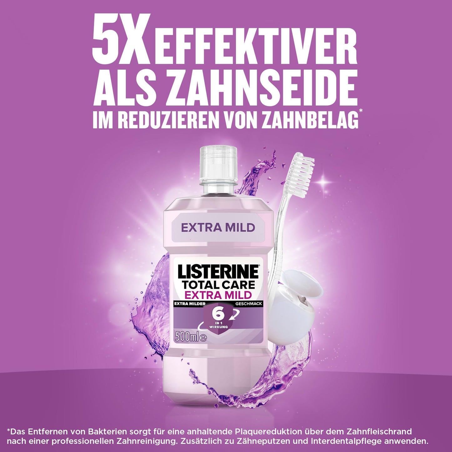 LISTERINE Total Extra Mild (500 ml), schützende Mundspülung ohne Alkohol gegen Karies mit 6 in 1 Wirkung, antibakterielles Mundwasser schützt vor Zahnfleischproblemen, bis zu 24h frischer Atem