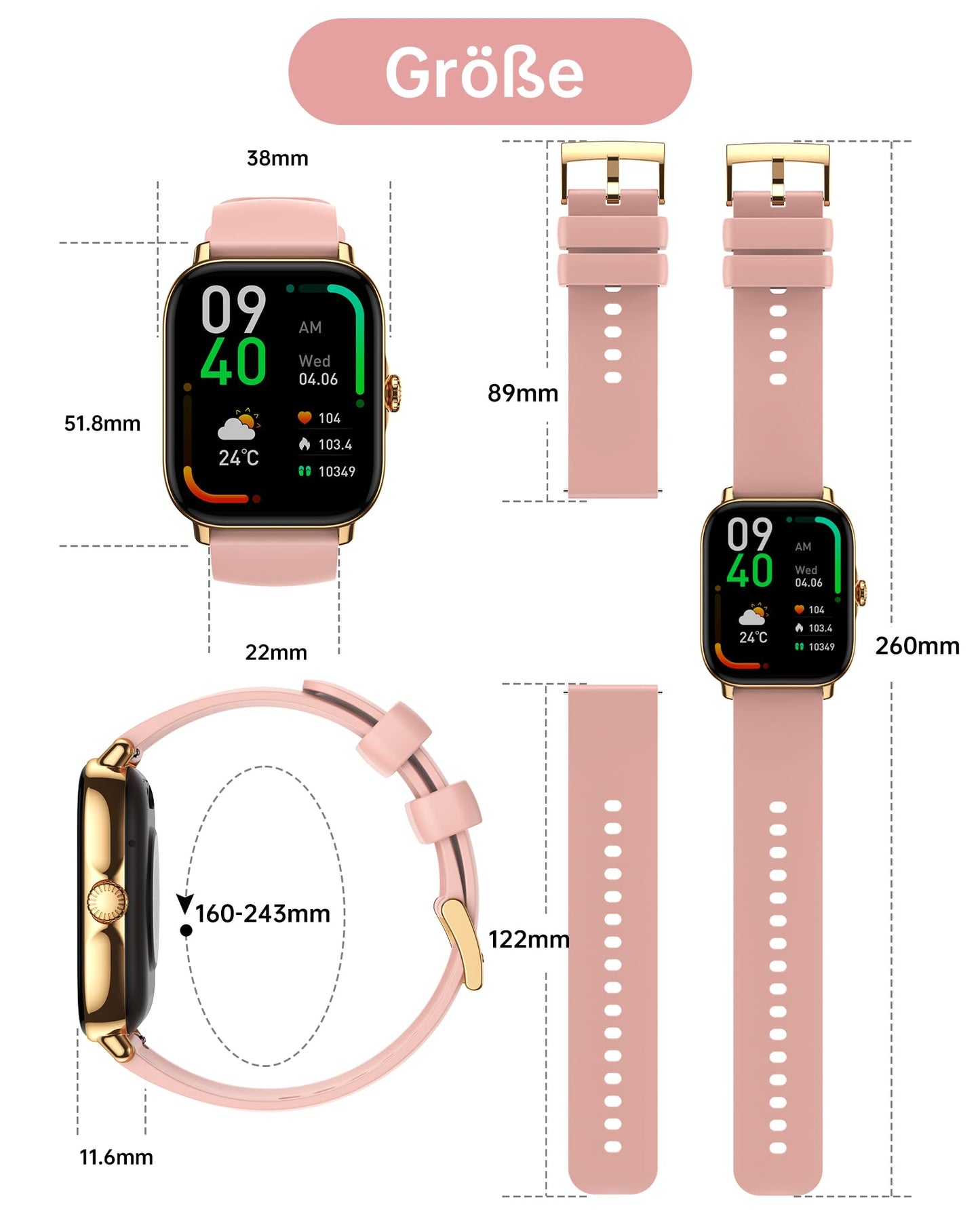 LLKBOHA Smartwatch-Damen-mit-Telefonfunktion - 1,85 Zoll Smart Watch, 111+ Sportmodi, IP68 Wasserdicht Fitnesssuhr Schrittzähler mit Herzfrequenz, Blutsauerstoff, Schlafmonitor, für iOS Android