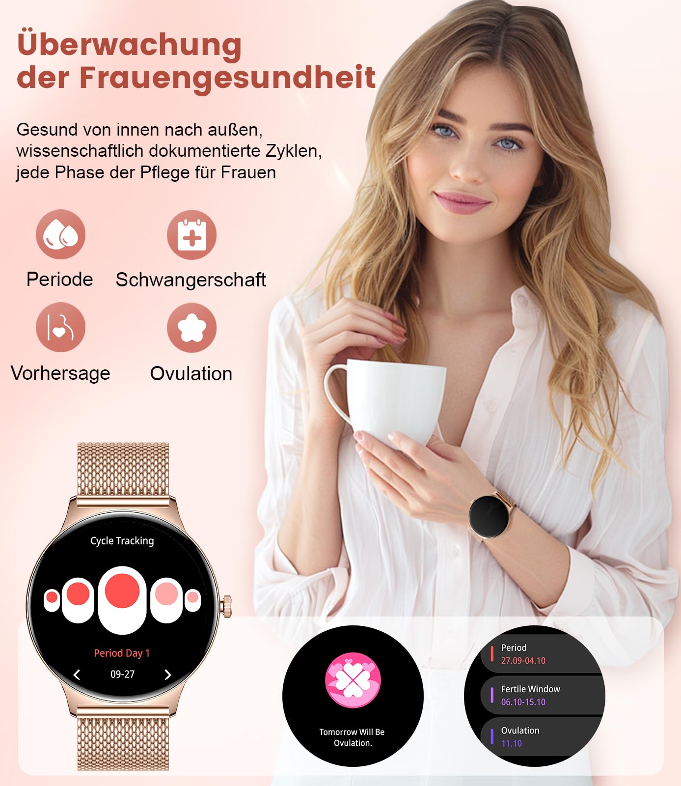 Smartwatch Damen Mit Telefonfunktion,1.43"AMOLED Fitnessuhr Mit Herzfrequenz/Spo2/Schlafmonitor Kompatibel Android iOS,SchrittzäHler Kalorien IP68 Wasserdicht Smart Watch 100+Sport Modi Roségold