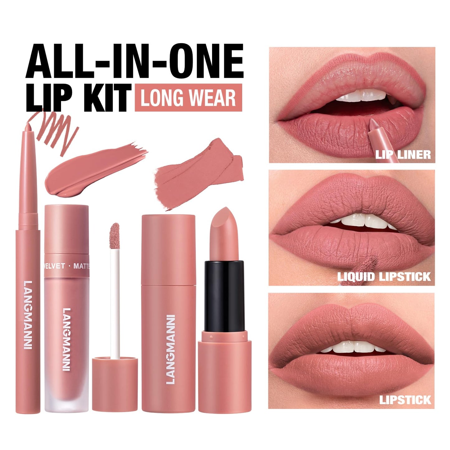 3PCS Matte Liquid Lipstick Lip Liner Set - All-IN-One Lip Kit, Velvety Nude Lip Gloss & Lipstick & Lip Liner, Waterproof Make Up Lip Set (Color, # 02)