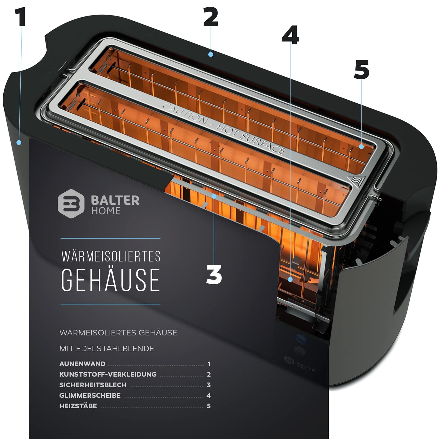 Balter Toaster 4 Scheiben, Langschlitz, Edelstahl, Brötchenaufsatz, LCD Display mit Restzeitanzeige, Auftaufunktion, Brotzentrierung, Krümelschublade, TS-04-LCD, Farbe: Grau