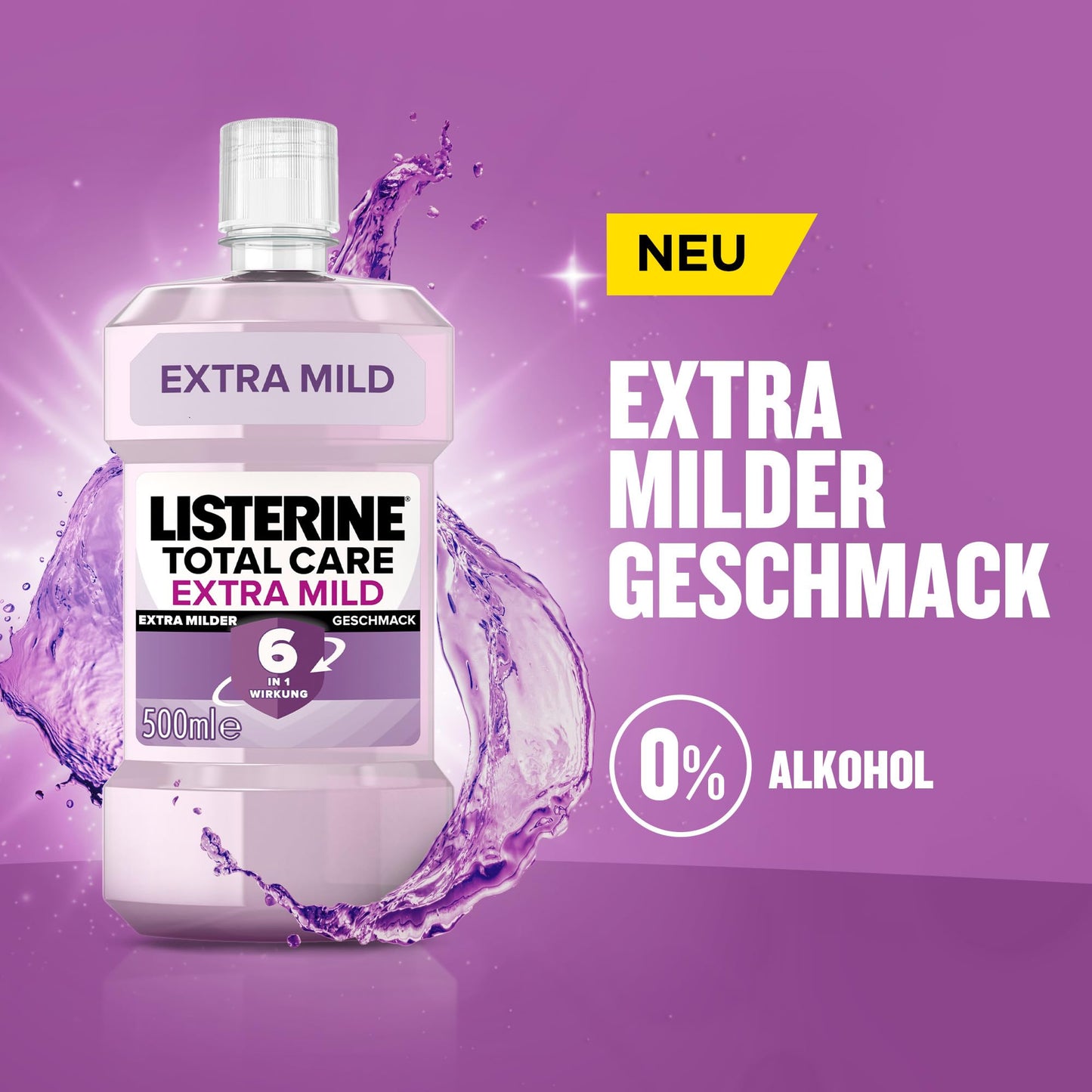 LISTERINE Total Extra Mild (500 ml), schützende Mundspülung ohne Alkohol gegen Karies mit 6 in 1 Wirkung, antibakterielles Mundwasser schützt vor Zahnfleischproblemen, bis zu 24h frischer Atem