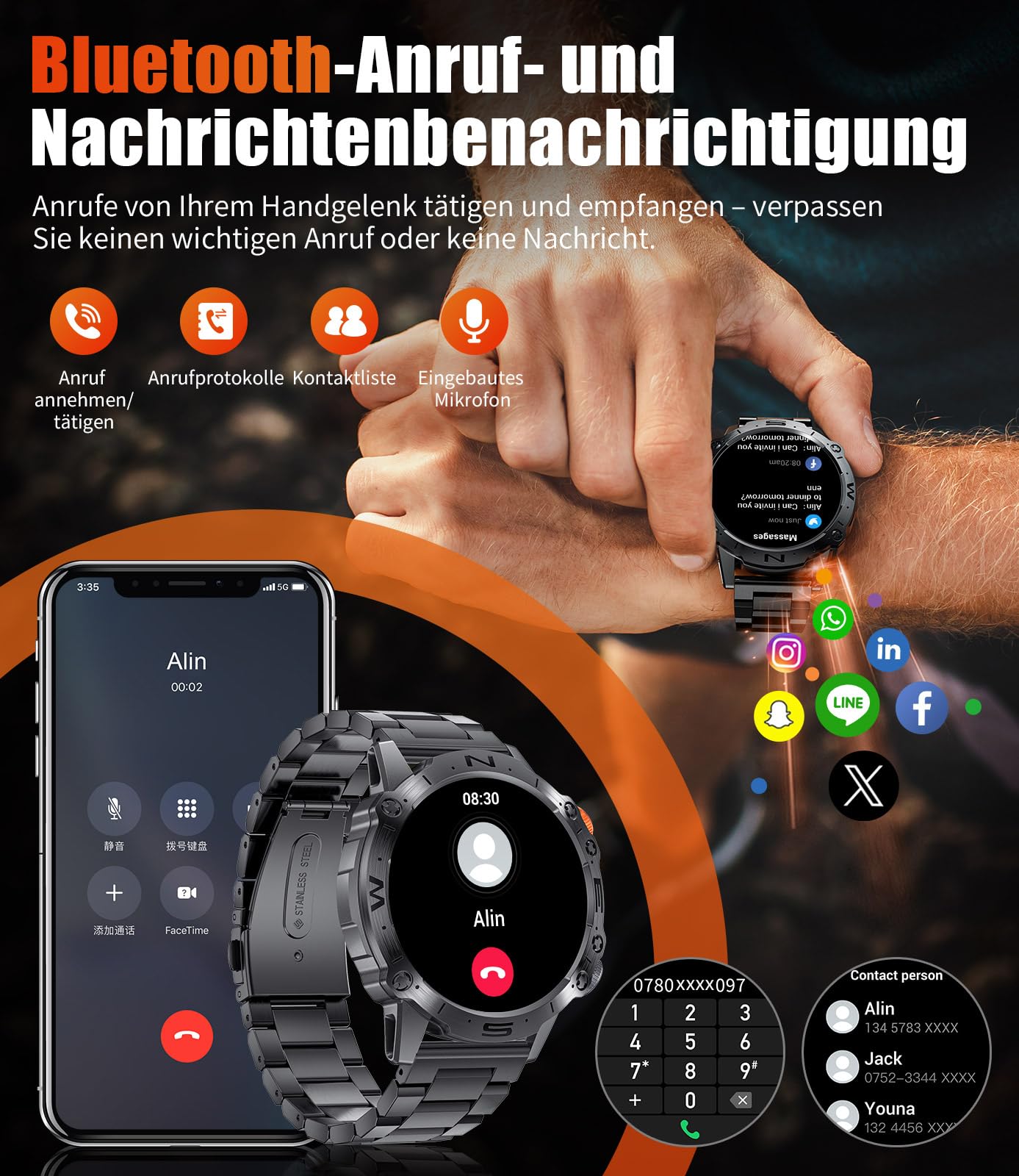 LIGE Smartwatch Herren 1.43 Zoll AMOLED Sportuhren mit Telefonfunktion Kompatibel Android iOS,5ATM Wasserdicht,100+Sport Modi, Herzfrequenz/schlafen/Schrittzähler Militär Schwarz Männer Smartwatch…