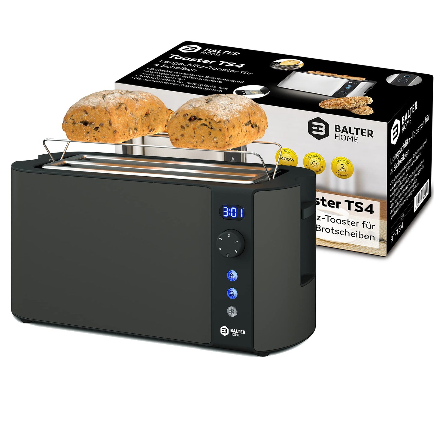 Balter Toaster 4 Scheiben, Langschlitz, Edelstahl, Brötchenaufsatz, LCD Display mit Restzeitanzeige, Auftaufunktion, Brotzentrierung, Krümelschublade, TS-04-LCD, Farbe: Grau