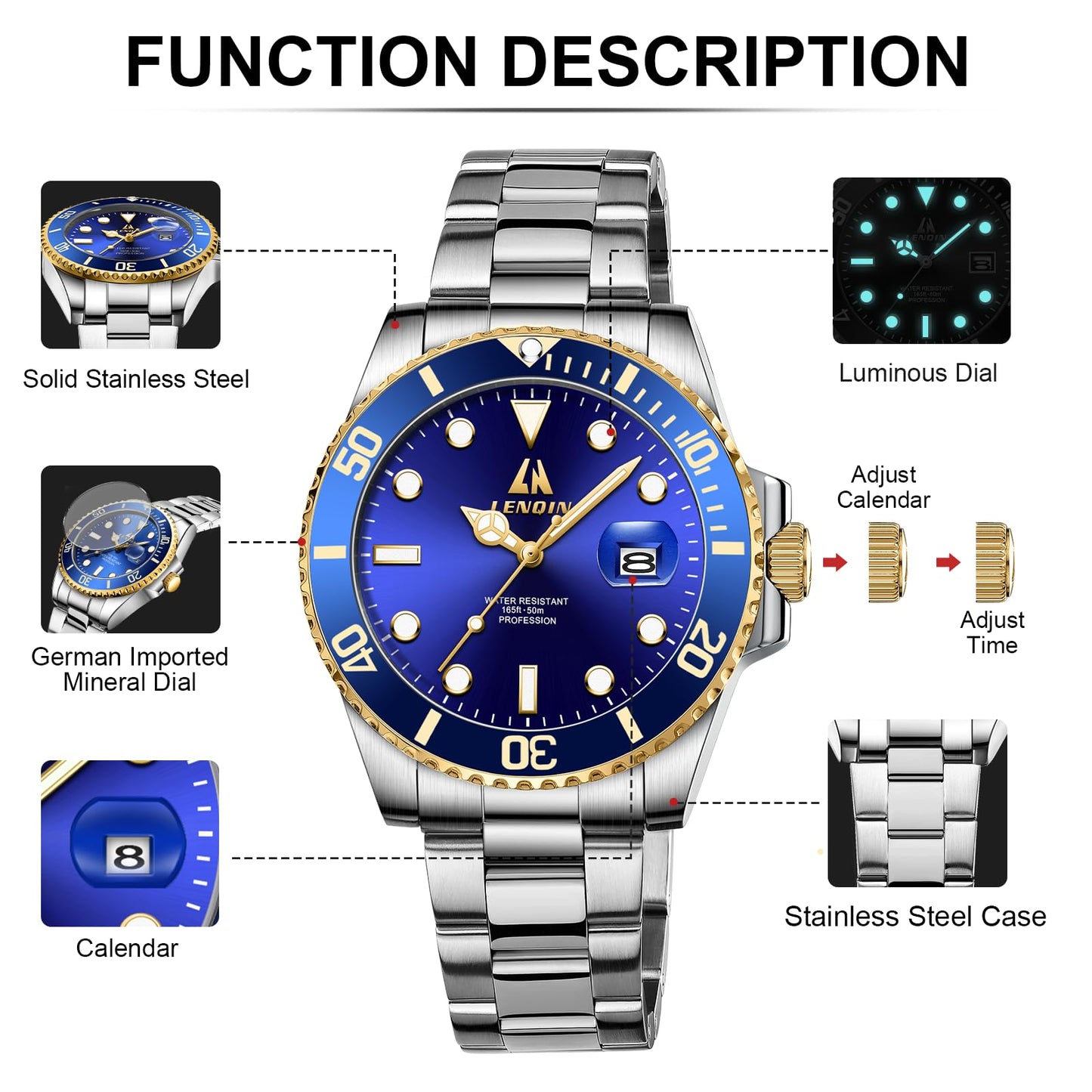 LN LENQIN Herren Uhr Edelstahl Uhren Herren wasserdichte Analog Quarz Uhr Armbanduhr Herren mit Datum Leuchtend Mode Freizeit Uhren für Männer