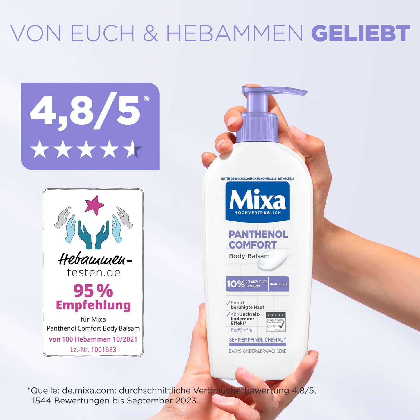 Mixa Panthenol Body Lotion XXL, juckreizlindernder und beruhigender Balsam, mit Panthenol und pflanzlichem Glycerin, für empfindliche, sensible Haut, mildert Juckreiz Mixa Panthenol Comfort, 400 ml