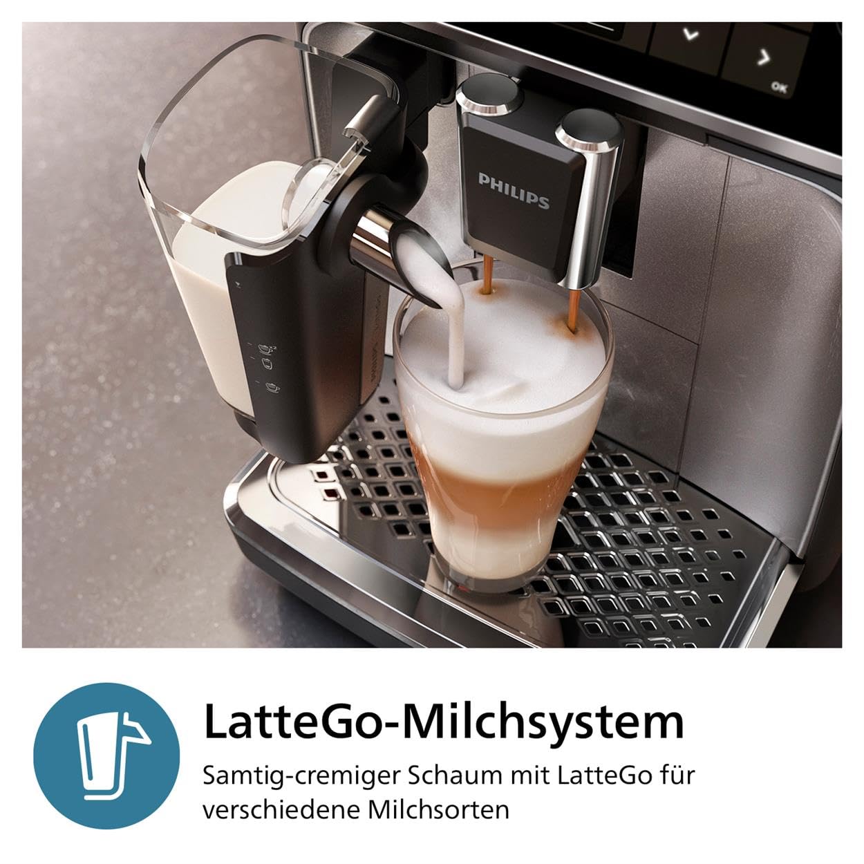 PHILIPS 3300 Series Kaffeevollautomat - 6 Getränke, Modernes Farb-Touchscreen-Display, LatteGo-Milchsystem, SilentBrew, 100% Keramikmahlwerk, AquaClean Filter. Schwarzchrom (EP3347/90)