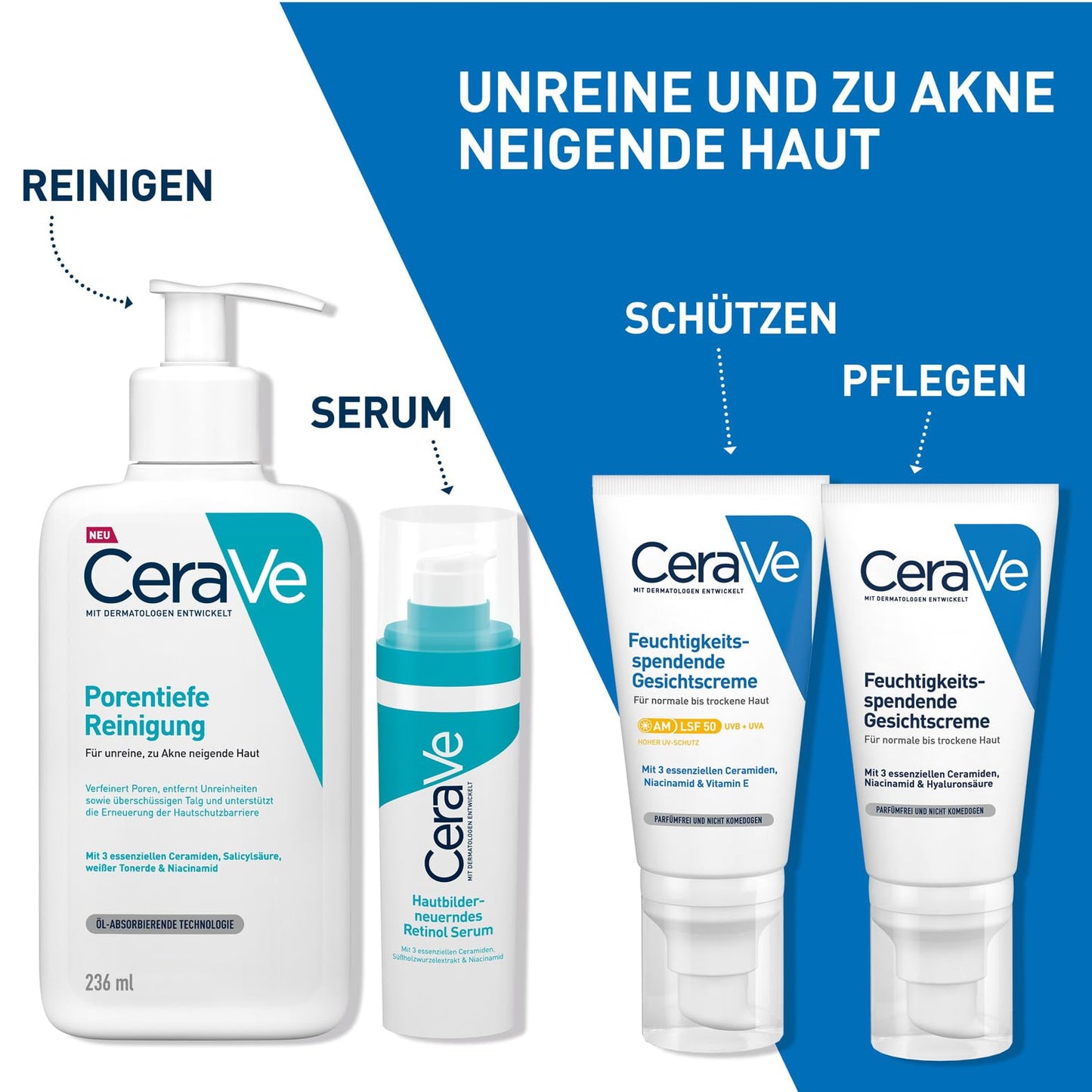 CeraVe Hautbilderneuerndes Retinol Serum, Zuverlässige Pflege bei unreiner und zu Akne neigender Haut, Aufhellender Effekt durch Süßholzwurzelextrakt, Mit 3 essenziellen Ceramiden, 30 ml