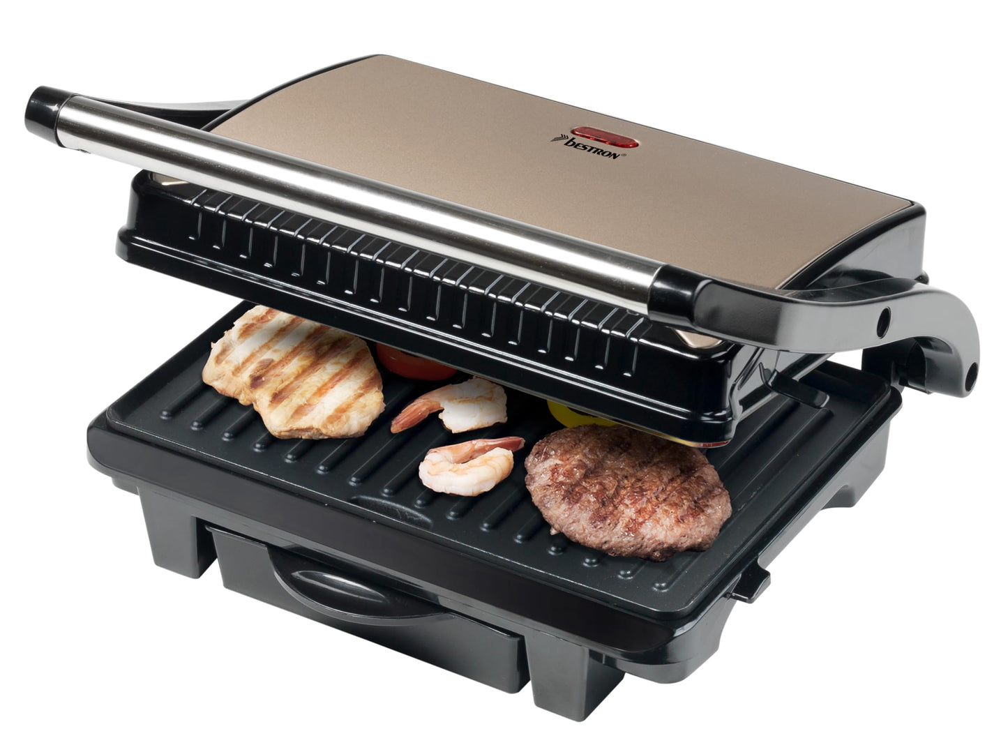 Bestron elektrischer Kontaktgrill mit Auffangschale, Sandwichmaker mit Cool-Touch-Handgriff & Antihaftbeschichtung, Paninimaker mit 1000 Watt, ASW113SAT, Farbe: Hellbeige