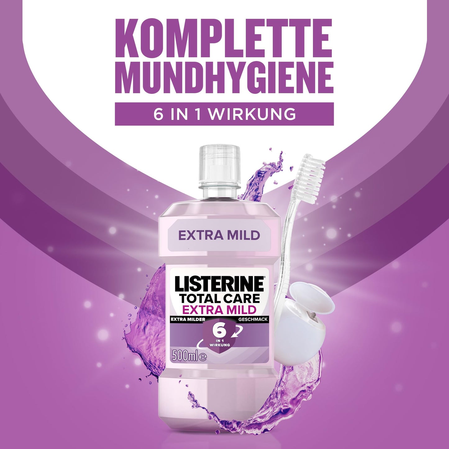 LISTERINE Total Extra Mild (500 ml), schützende Mundspülung ohne Alkohol gegen Karies mit 6 in 1 Wirkung, antibakterielles Mundwasser schützt vor Zahnfleischproblemen, bis zu 24h frischer Atem