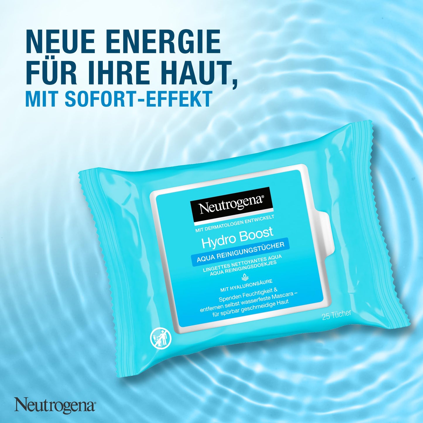 Neutrogena Hydro Boost Abschminktücher, Aqua Reinigungstücher mit Hyaluron, Make-Up Entferner, 6 x 25 Stück