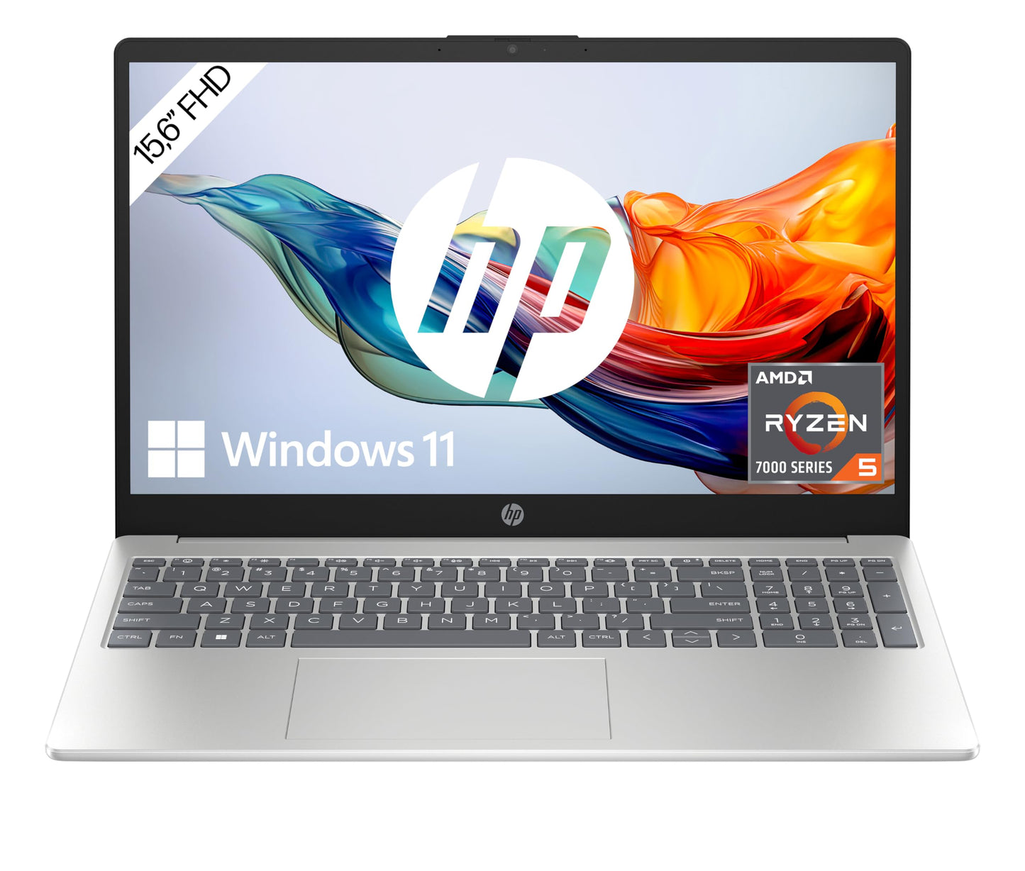 HP Laptop, 15,6" FHD Display, AMD Ryzen 5 7520U, 16 GB DDR5 RAM, 512 GB SSD, AMD Radeon-Grafik, Windows 11 Home, QWERTZ, Natural Silver mit HP Fast Charge