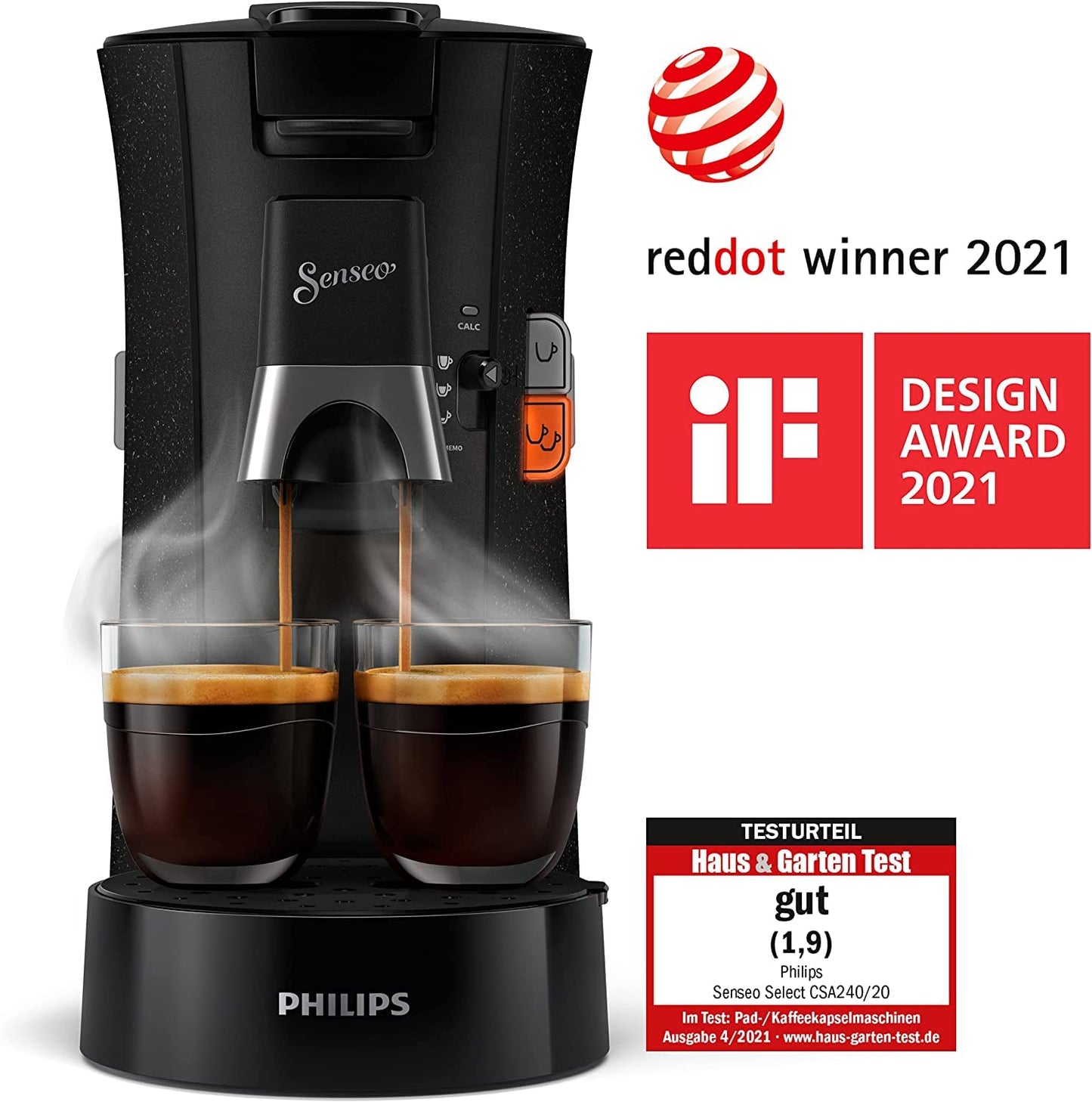 PHILIPS Senseo Select Kaffeepadmaschine – Kaffeestärkewahl Plus, Crema Plus Technologie, 0,9L Wassertank, Energiesparend, Zwei-Tassen-Funktion, Memo-Funktion, Höhenverstellbarer Auslauf (CSA240/20)