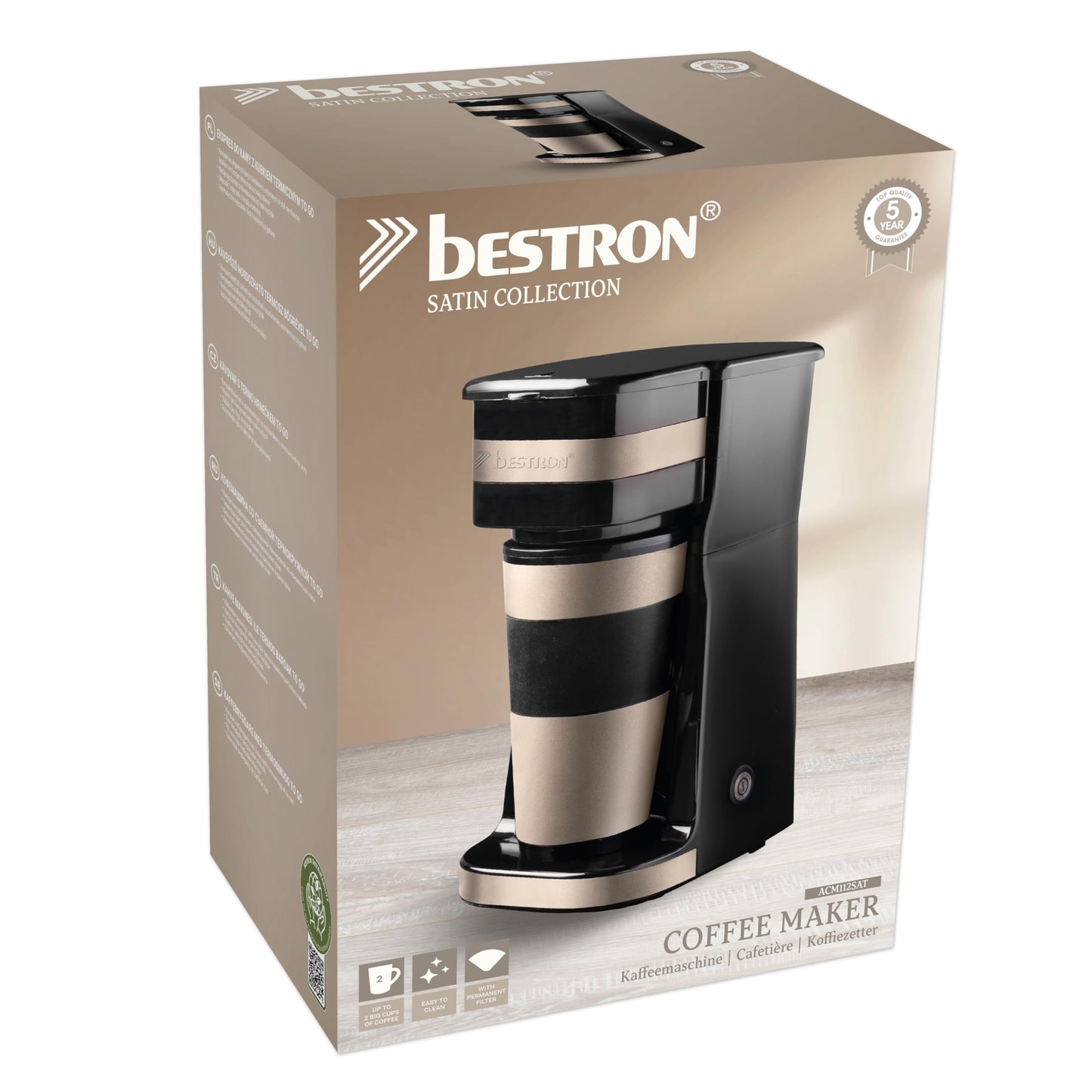 Bestron Kaffeemaschine mit Isolierbecher, Camping Kaffeemaschine für gemahlenen Filterkaffee, kleine Kaffeemaschine für 2 Große Tassen, 750 Watt, Edelstahl, Farbe: hellbeige/satin