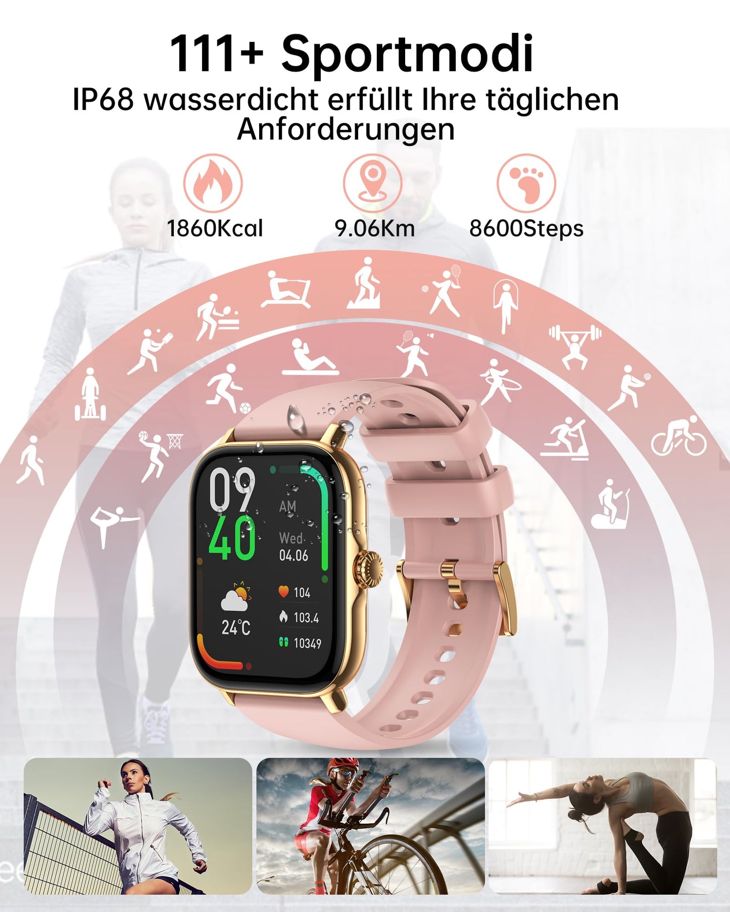 LLKBOHA Smartwatch-Damen-mit-Telefonfunktion - 1,85 Zoll Smart Watch, 111+ Sportmodi, IP68 Wasserdicht Fitnesssuhr Schrittzähler mit Herzfrequenz, Blutsauerstoff, Schlafmonitor, für iOS Android