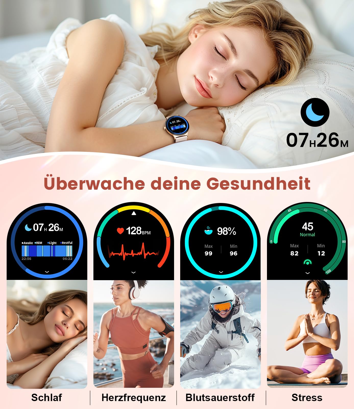 Smartwatch Damen Mit Telefonfunktion,1.43"AMOLED Fitnessuhr Mit Herzfrequenz/Spo2/Schlafmonitor Kompatibel Android iOS,SchrittzäHler Kalorien IP68 Wasserdicht Smart Watch 100+Sport Modi Roségold