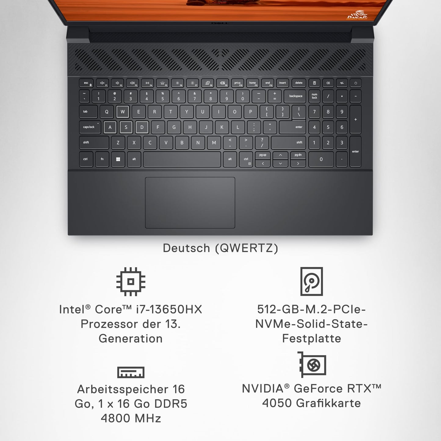 Dell G15 5530 Gaming Laptop 15.6" FHD 165Hz, 3ms, Display, Intel Core i7-13650HX, NVIDIA GeForce RTX 4050 6GB, 16GB RAM, 512GB SSD, Windows 11 Home, QWERTZ Backlit Keyboard, Grigio Ombra Scuro