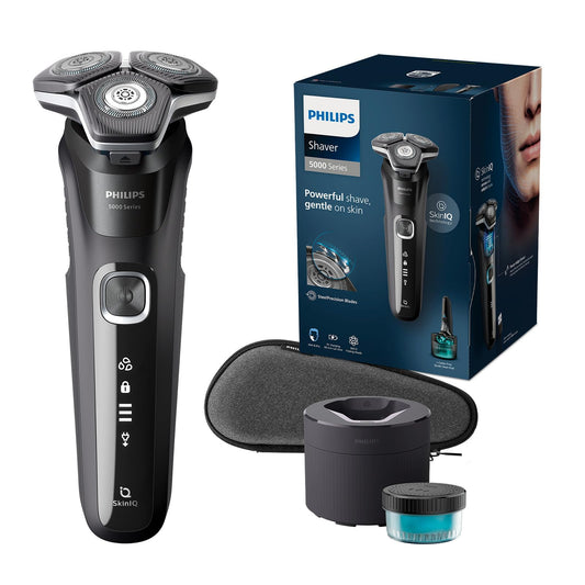 Philips Shaver Series 5000 – Elektrischer Nass- und Trockenrasierer für Herren mit ausklappbarem Trimmer, Reinigungsstation, Reinigungskartusche & Reiseetui (Modell S5898/50)