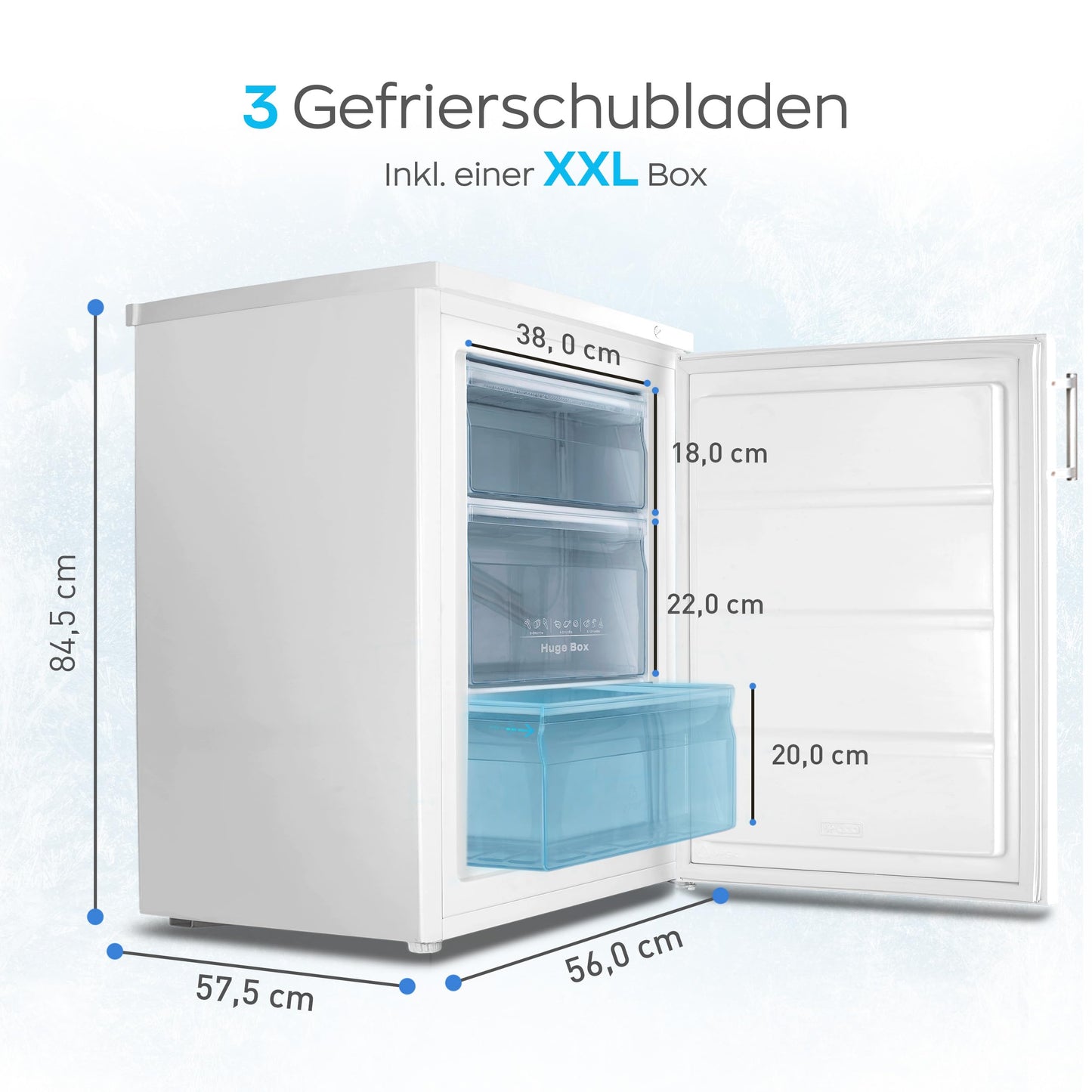 HEINRICHS Gefrierschrank, Freezer, 3x Gefrierschublade, Stufenloser Temperaturregler,Airflow, wechselbarer Türanschlag, 85 Liter Nutzinhalt, Temperatur:-18°C~-38°C, weiß