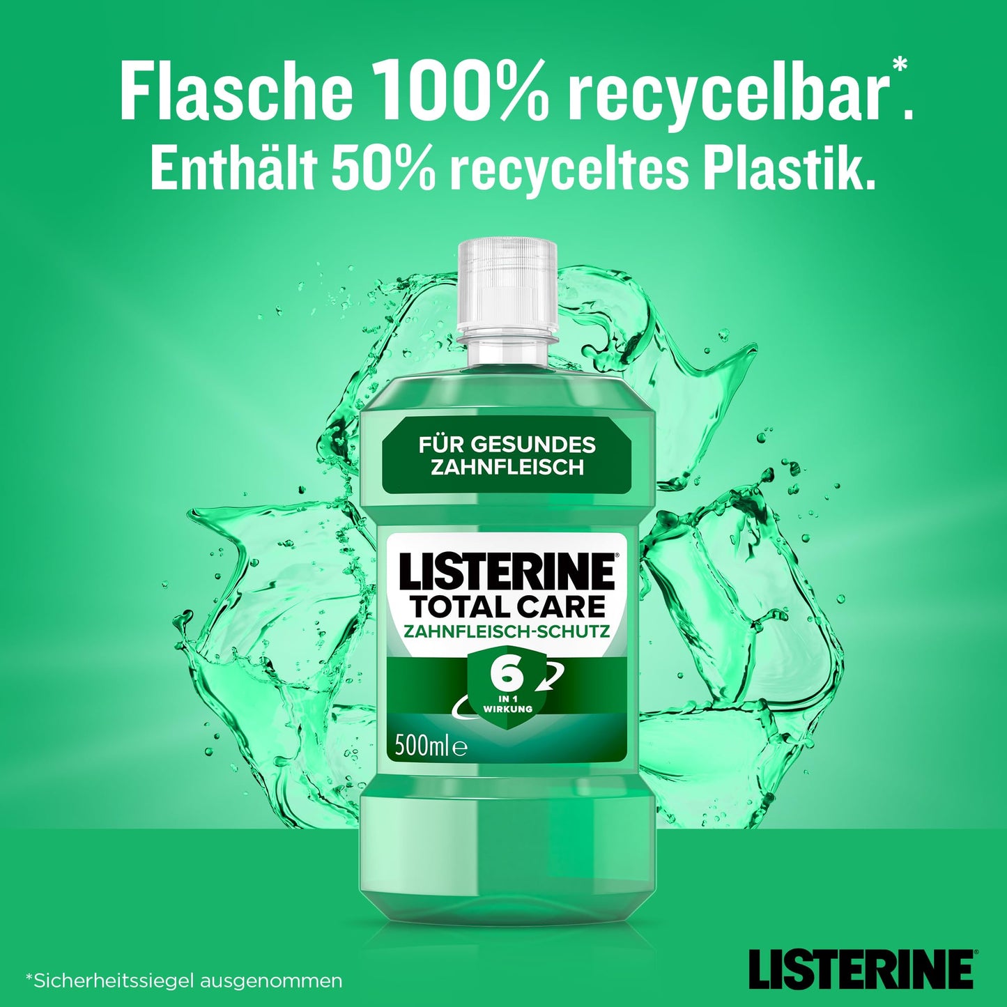 LISTERINE Total Care Zahnfleisch-Schutz (500 ml), antibakterielle Mundspülung mit Fluorid für gesundes Zahnfleisch, Zahnpflege Mundwasser reduziert Zahnbelag mit 6 in 1 Wirkung