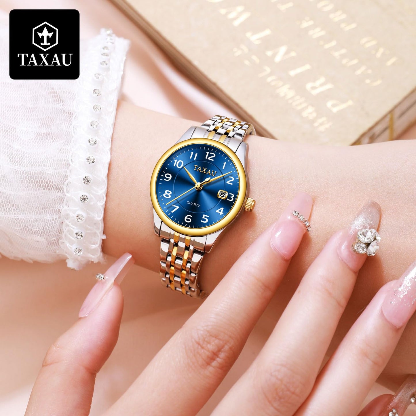 Taxau Uhren Frauen Elegantes Kleid Blaues Zifferblatt Analog Quarz Damen Wirstwatch Edelstahl für Frauen Wasserdicht Leuchtdatum Klassisches Kleid Reloj para Mujer