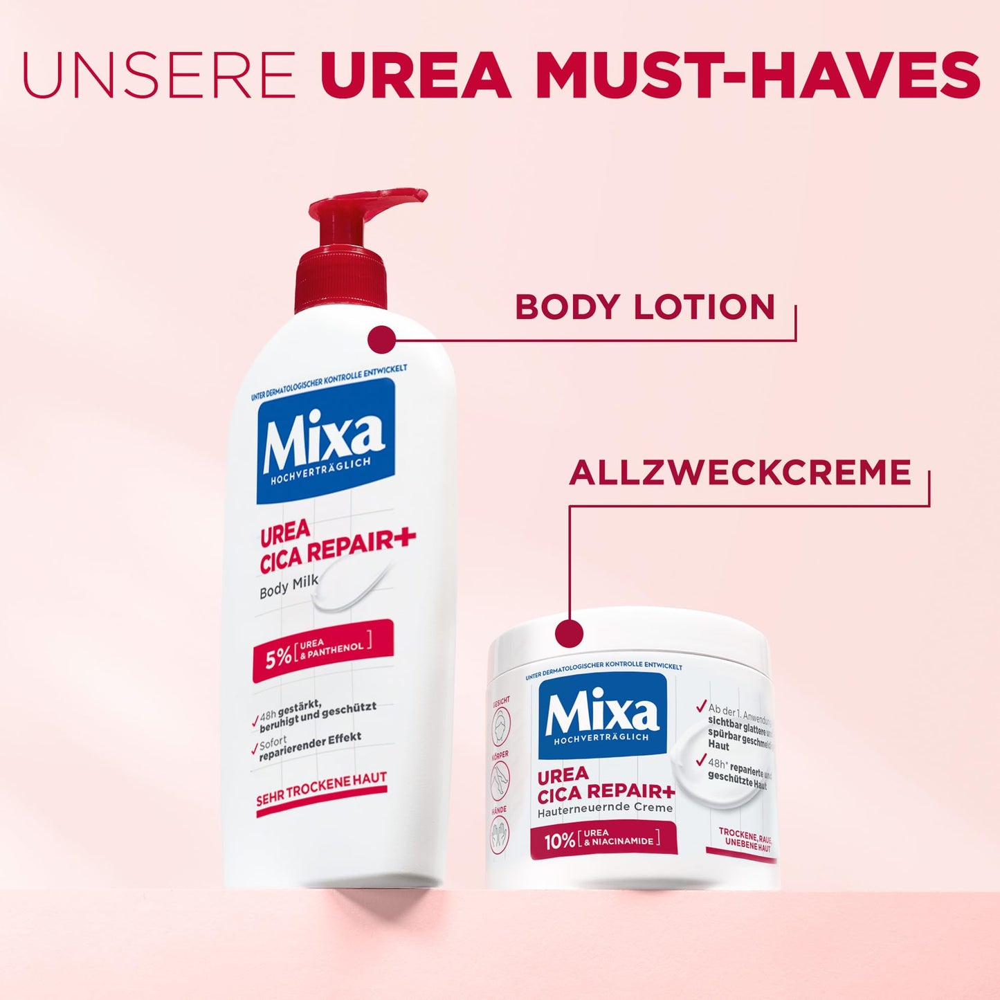 Mixa Urea hauterneuernde Creme mit Urea & Niacinamide, für trockene und raue und unebene Haut, repariert und glättet, Feuchtigkeitspflege für den Körper, Hände und Gesicht, Urea Cica Repair+, 400 ml