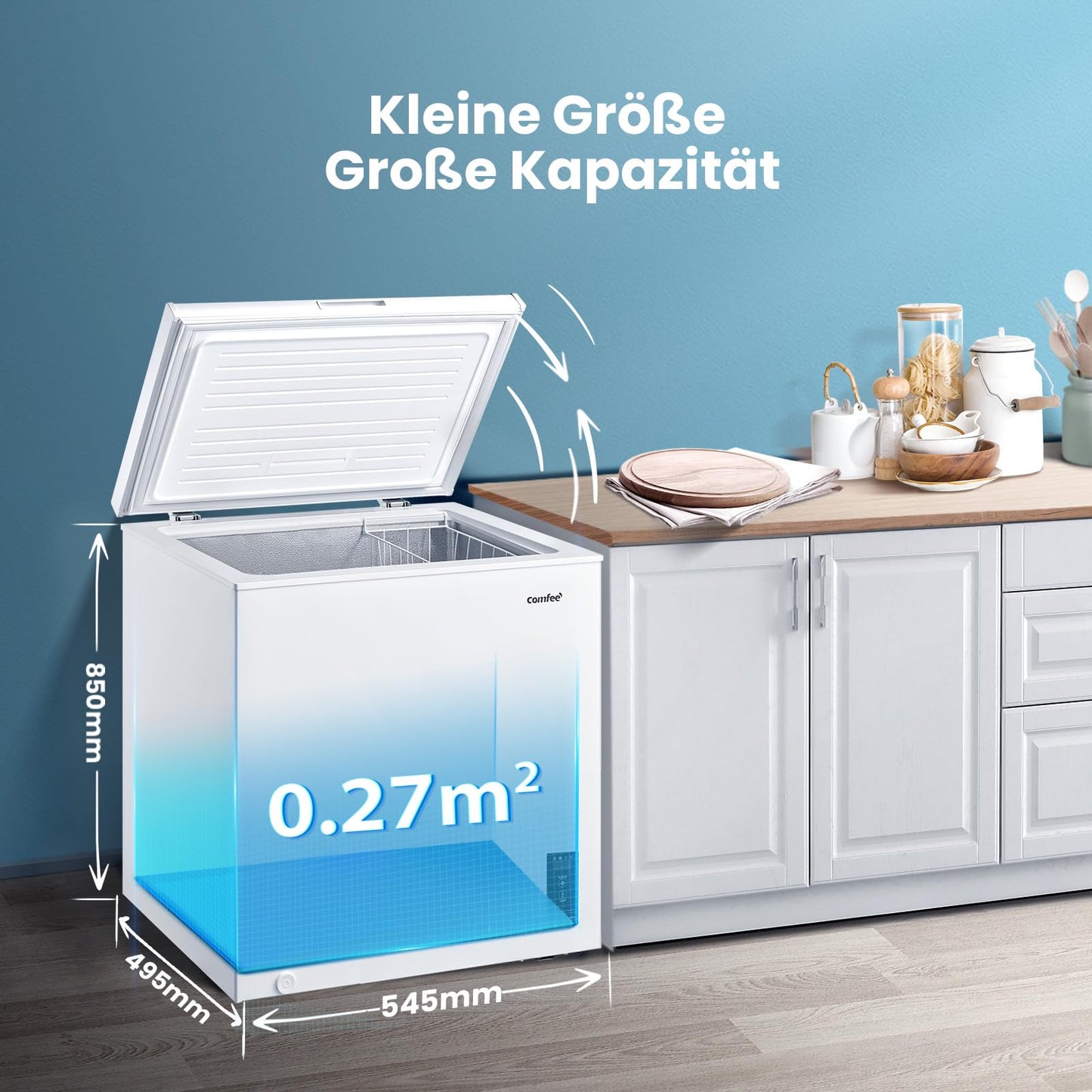 Comfee RCC100WH2(E) Gefriertruhe/169 kWh/Jahr/85cm hoch/99L/38dB/Geringe Lautstärke/Hoch effizientesD-förmigesRohr/Geeignet für verschiedene Einsatzszenarien/Einstellbarer Temperaturregler/Weiß