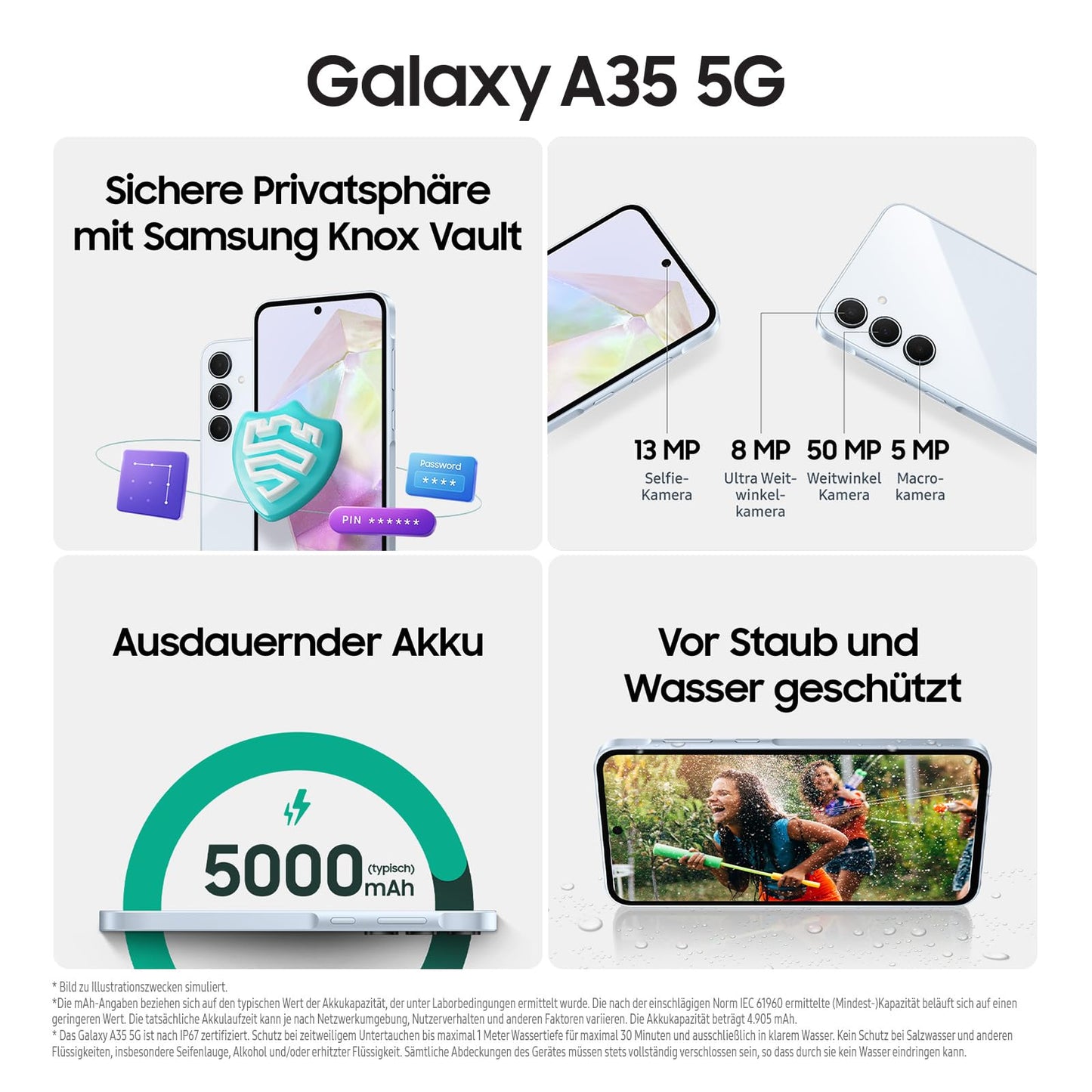 Samsung Galaxy A35 5G Enterprise Edition, Android Smarthone, Business-Handy mit 6 GB RAM / 128 GB, 50-MP-Kamera, Knox, Wasser- und staubeständig gemäß IP67, Schwarz, 3 Jahre Herstellergarantie