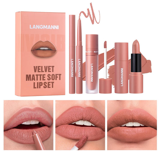 3PCS Matte Liquid Lipstick Lip Liner Set - All-IN-One Lip Kit, Velvety Nude Lip Gloss & Lipstick & Lip Liner, Waterproof Make Up Lip Set (Color, # 02)