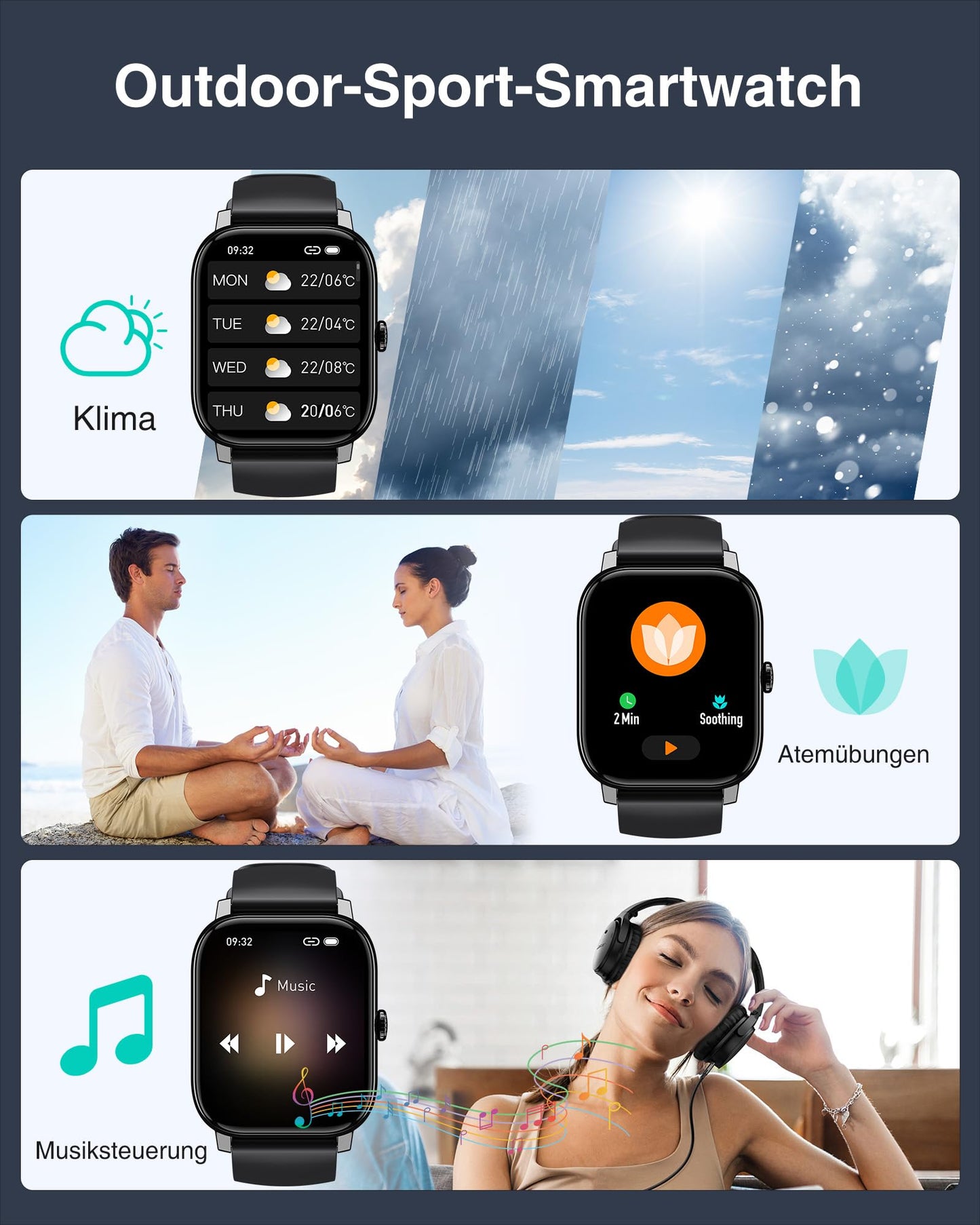 LLKBOHA Smartwatch Herren - 1,85 Zoll Touchscreen Smart Watch mit Telefonfunktion, Fitness Watch mit Herzfrequenzmonitor Schlafmonitor Schrittzähler,IP68 Wasserdicht für Android iOS