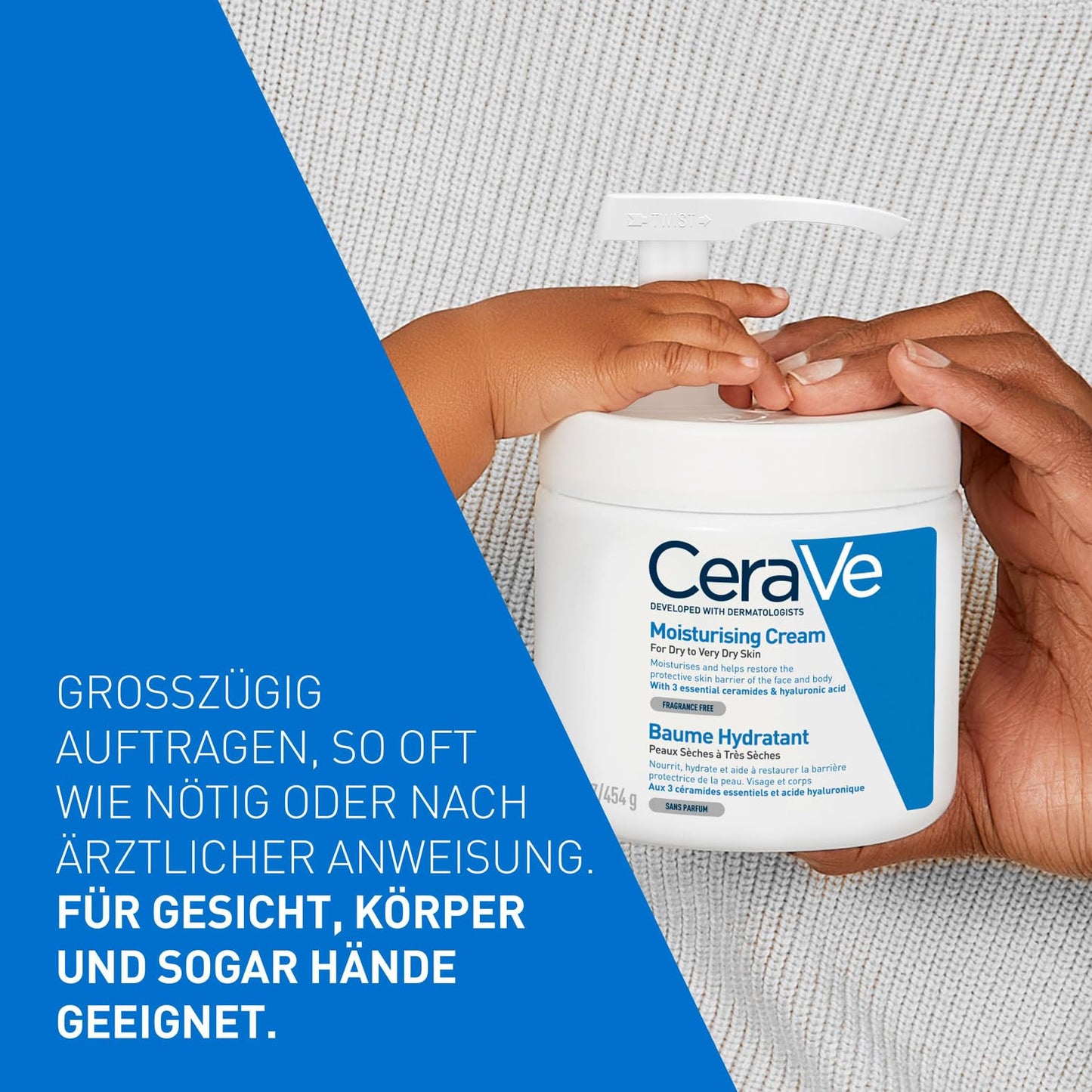 CeraVe Feuchtigkeitscreme für Körper und Gesicht, Mit Pumpspender, Creme für trockene bis sehr trockene Haut, Mit Hyaluron und 3 essenziellen Ceramiden, 454 g