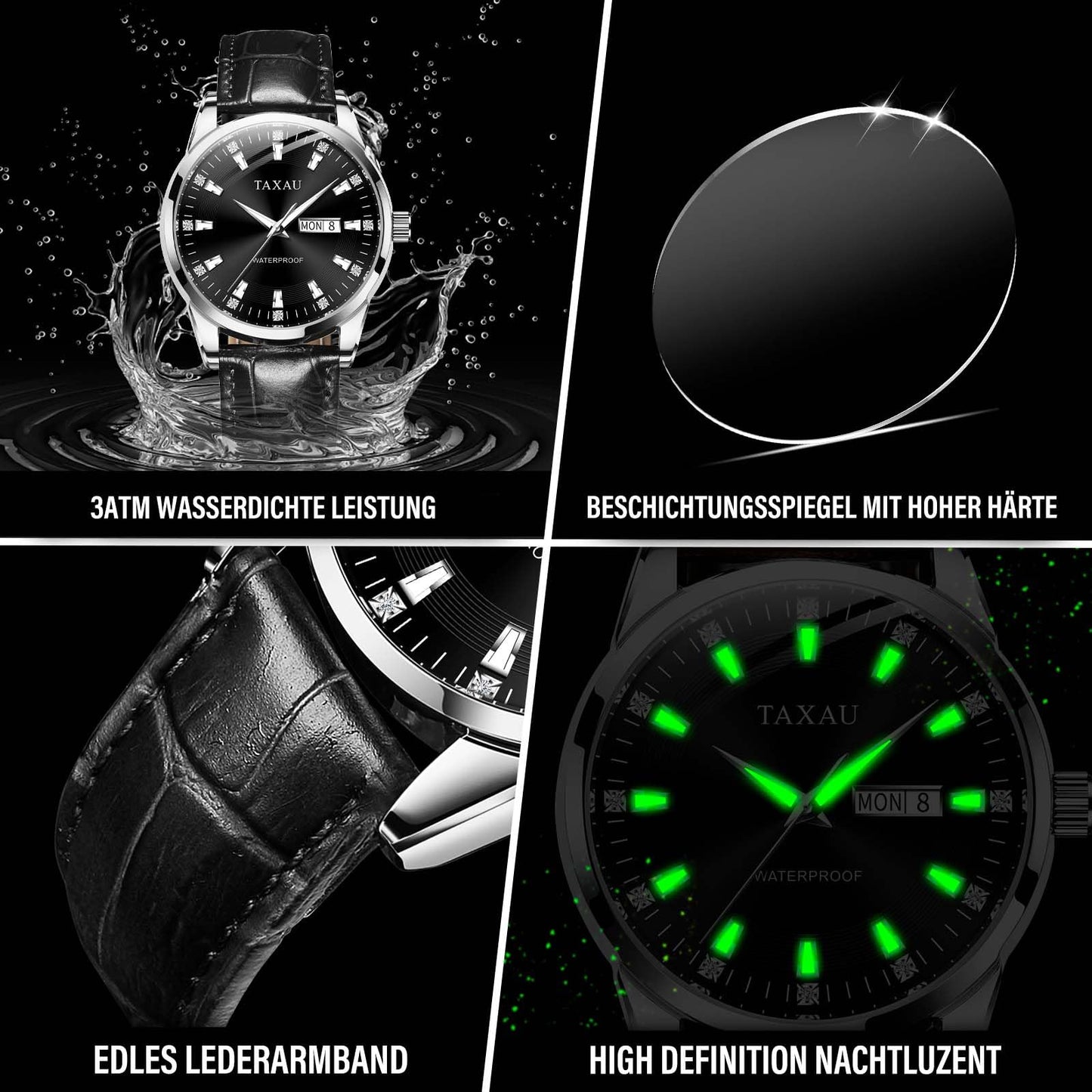 Taxau Herren Lederuhr Mode Schwarzes Zifferblatt Analoge Quarzuhr mit Datum Klassische wasserdichte Kleid Armbanduhr Reloyes para Hombres