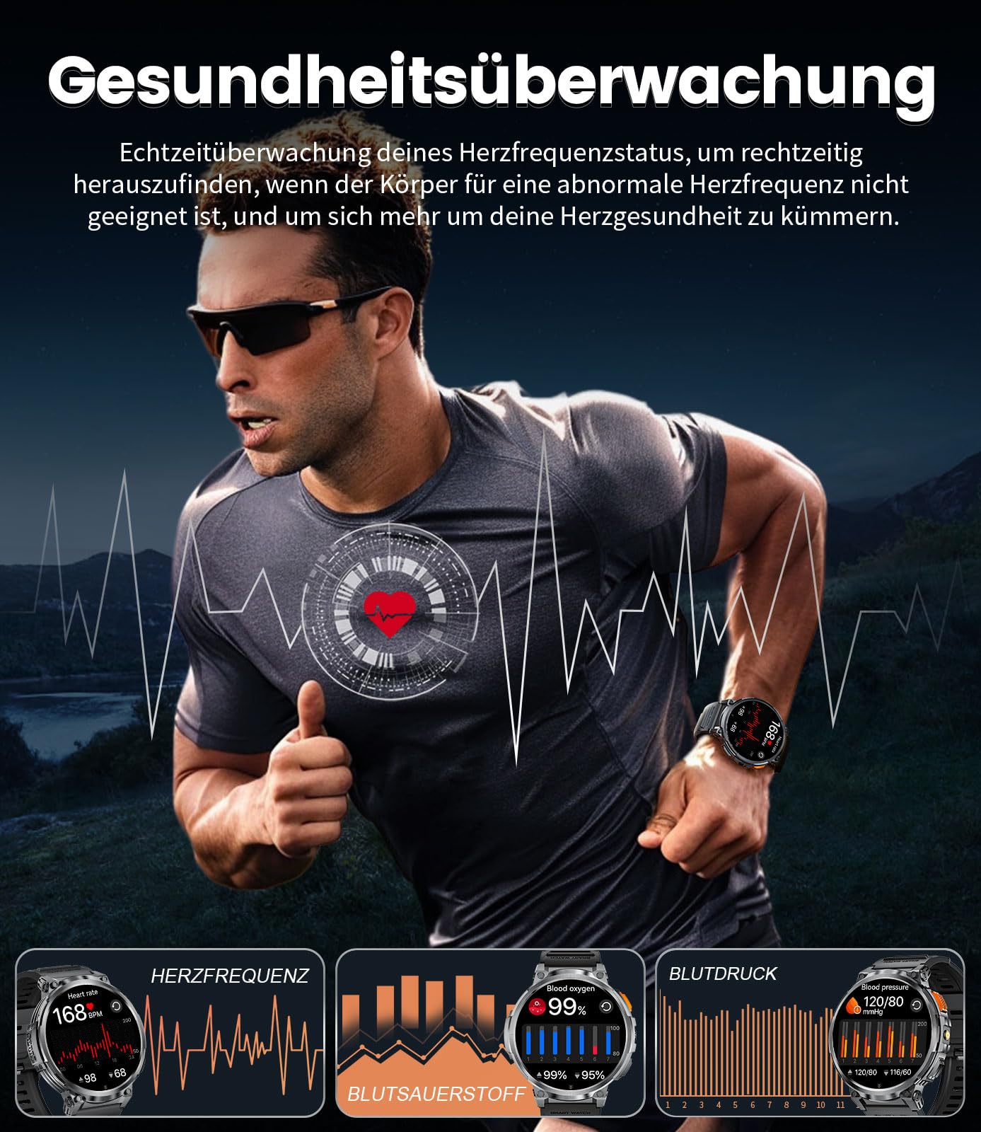 ESFOE Smartwatch Herren mit Telefonfunktion,1.85'' Militär Smart Watch mit 730mAh Lange Akkulaufzeit,LED Taschenlampe,IP68 Wasserdicht Fitnessuhr mit 100+ Sportmodi,Gesundheitsüberwachung Android iOS