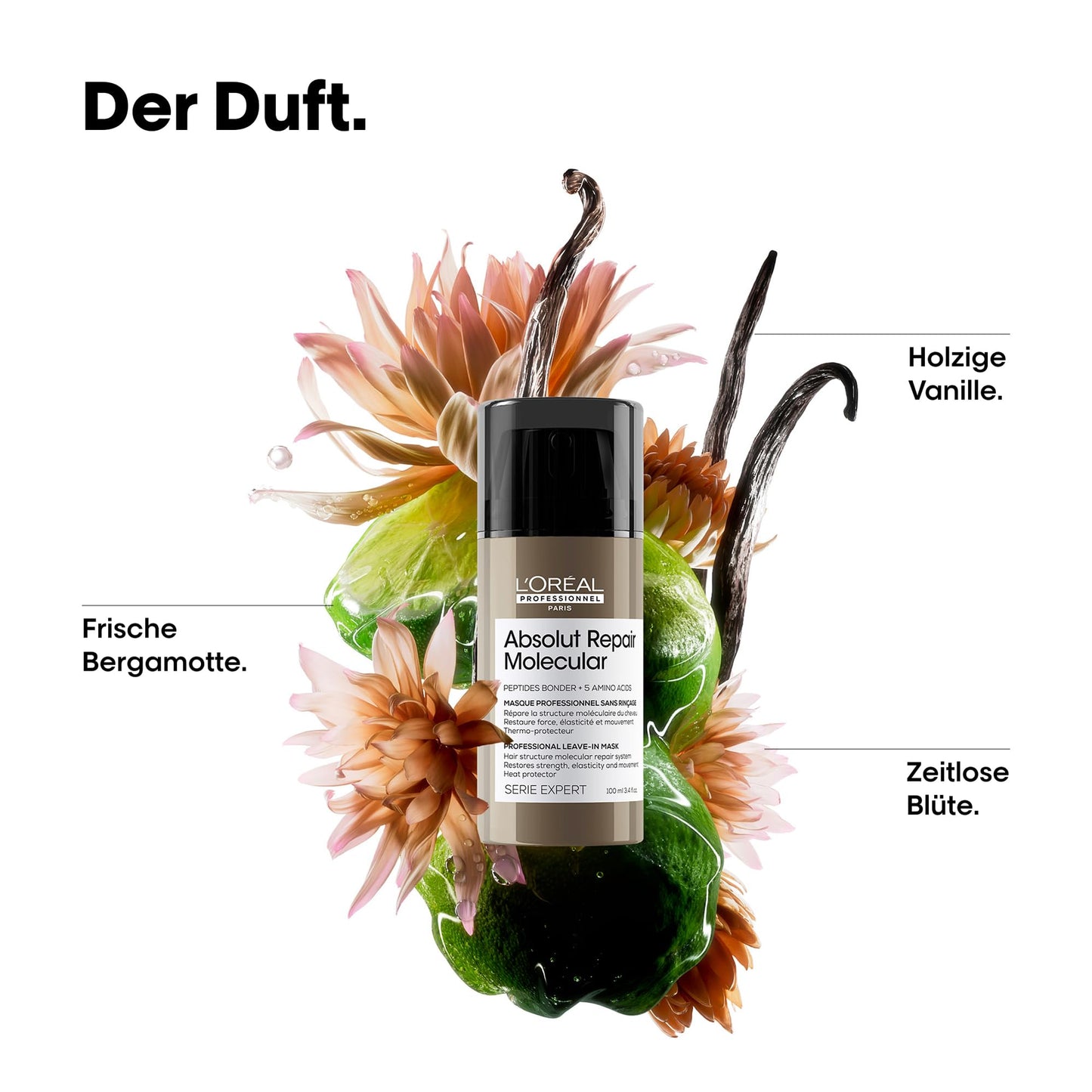 L'Oréal Professionnel Leave-In für strukturgeschädigtes Haar, Zur molekularen Tiefenreparatur, Mit Peptidbondern und 5 Aminosäuren, Serie Expert, Absolut Repair Molecular, 100 ml