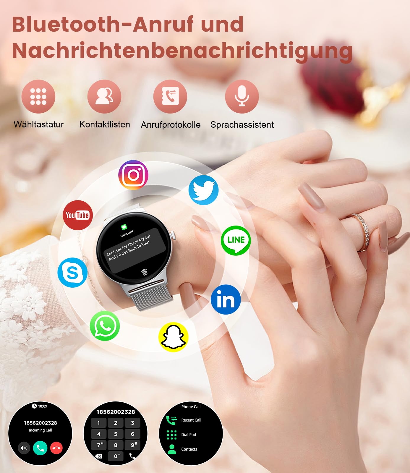 Smartwatch Damen Mit Telefonfunktion,1.43"AMOLED Fitnessuhr Mit Herzfrequenz/Spo2/Schlafmonitor Kompatibel Android iOS,SchrittzäHler Kalorien IP68 Wasserdicht Smart Watch 100+Sport Modi Silbrig