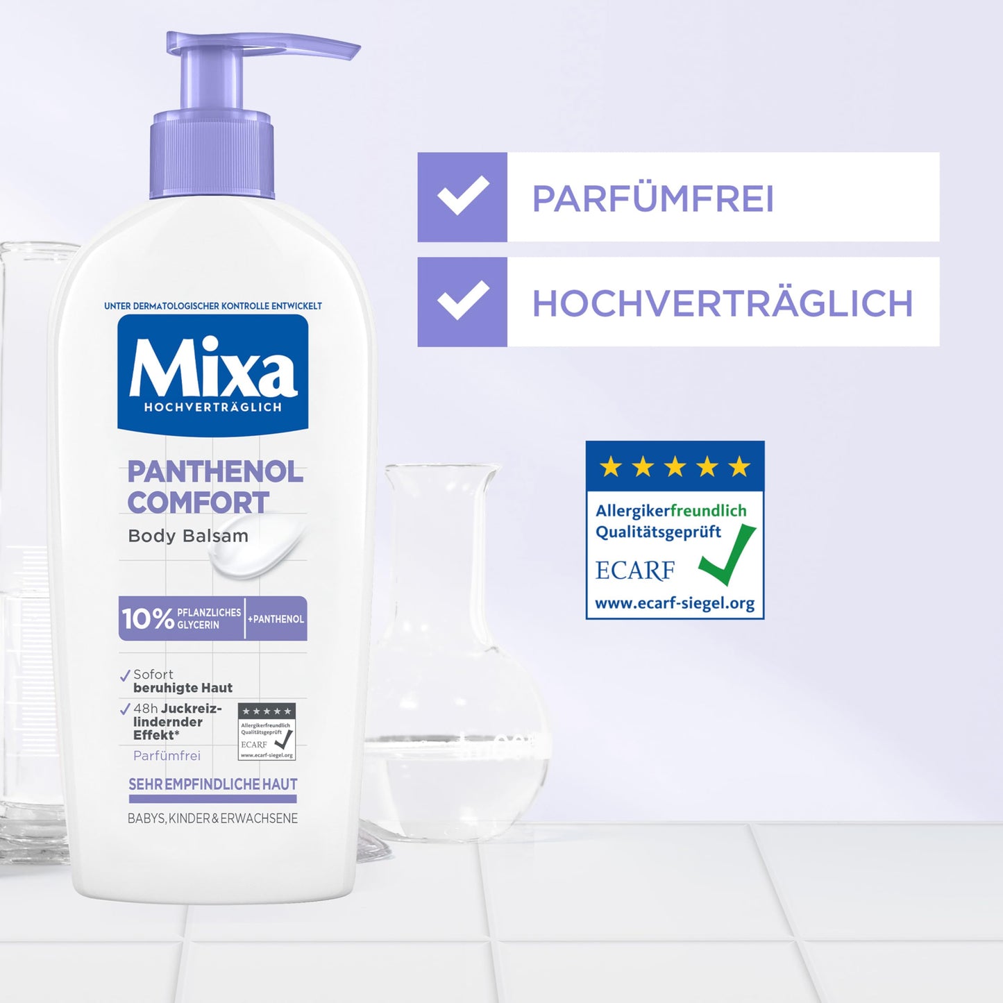 Mixa Panthenol Body Lotion XXL, juckreizlindernder und beruhigender Balsam, mit Panthenol und pflanzlichem Glycerin, für empfindliche, sensible Haut, mildert Juckreiz Mixa Panthenol Comfort, 400 ml