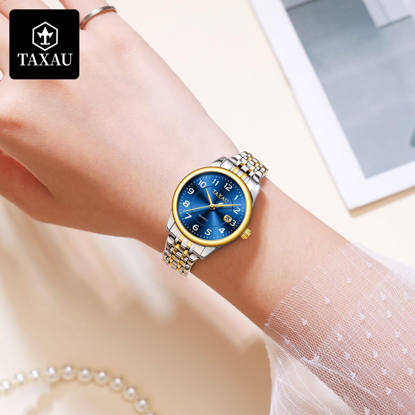 Taxau Uhren Frauen Elegantes Kleid Blaues Zifferblatt Analog Quarz Damen Wirstwatch Edelstahl für Frauen Wasserdicht Leuchtdatum Klassisches Kleid Reloj para Mujer