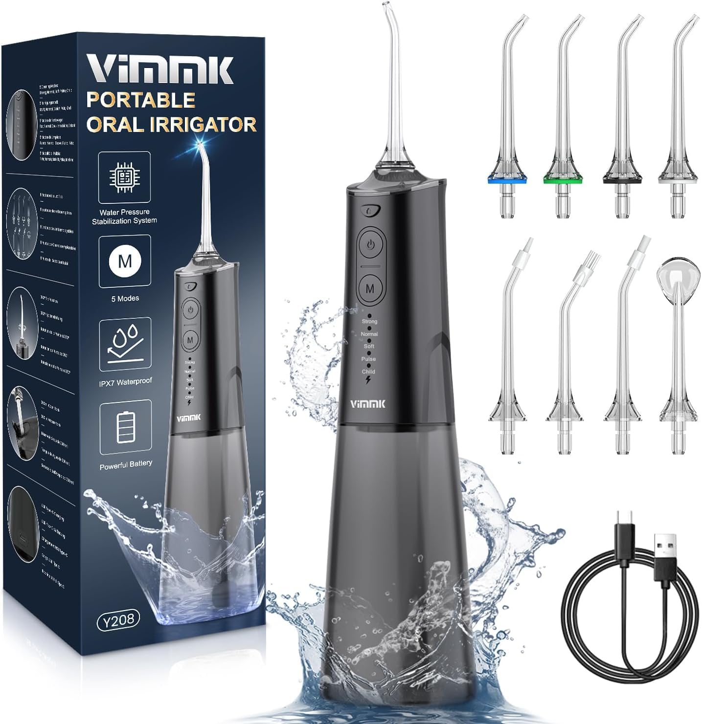 Munddusche Kabellos Elektrischer Zahnreiniger, Vimmk Zahndusche Water Flosser 5 Modi & 8 Düsen USB-C Wiederaufladbare Wasser Flosser IPX7 Wasserdicht, 300ML Wassertank Mund Reiniger (Schwarz)