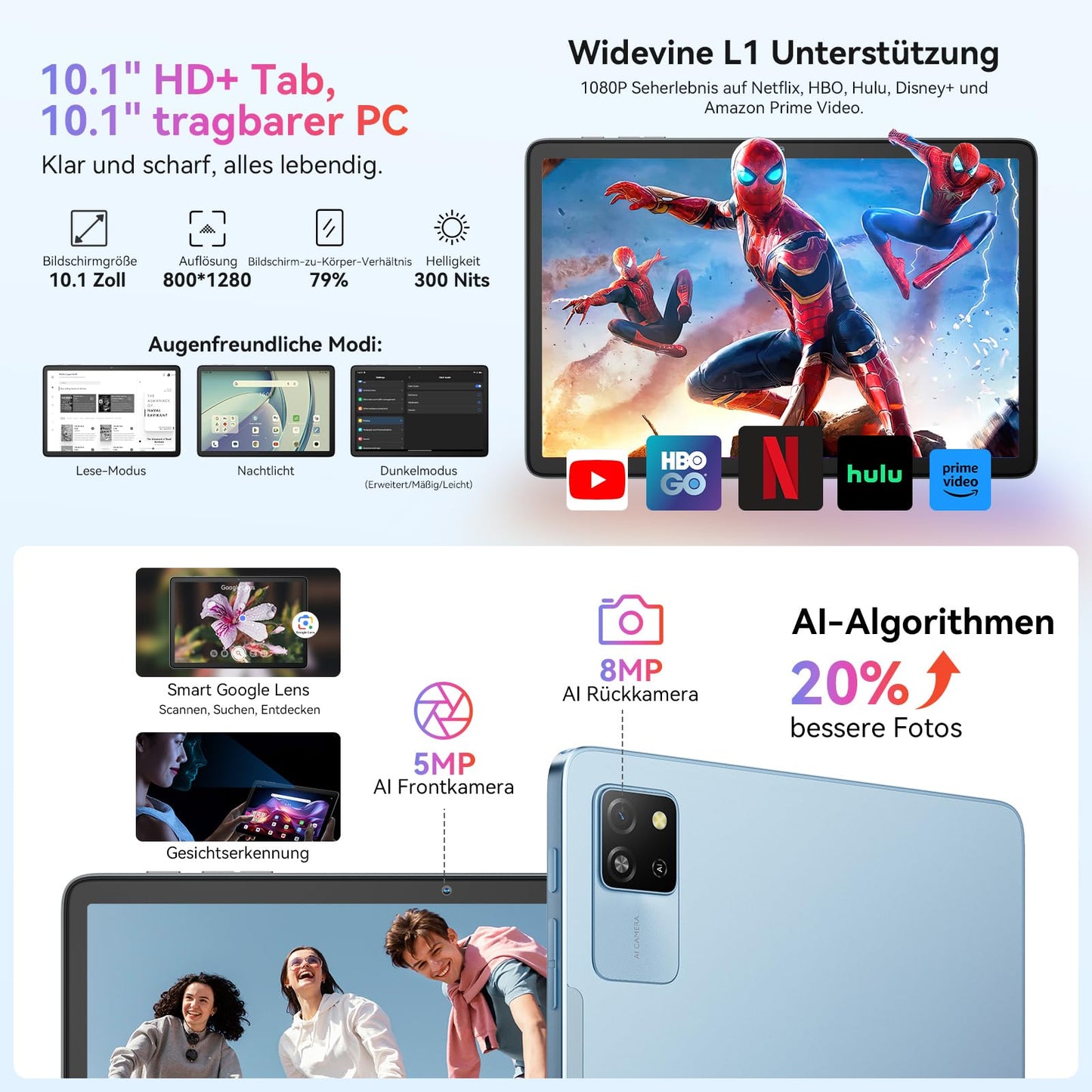 Blackview Tab 60 Pro Tablet Android 15, 12GB RAM + 128GB ROM/2TB TF, Tablet 10 Zoll mit Widevine L1, Unisoc T606 Octa-core Gaming Tablet, Dual 4G SIM Tablet PC, 5G WiFi, 7700mAh/Face ID/GMS/GPS