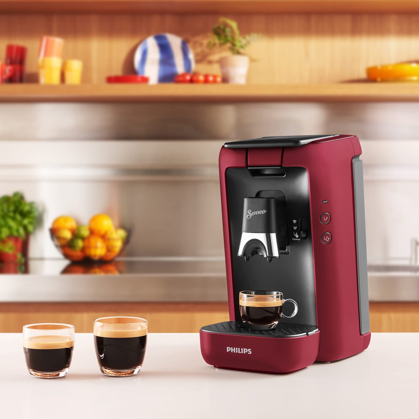 PHILIPS Senseo Maestro Kaffeepadmaschine mit Kaffeestärkewahl und Memo-Funktion, 1,2 Liter Wasserbehälter, Grünes Produkt, Farbe: Rot (CSA260/90)