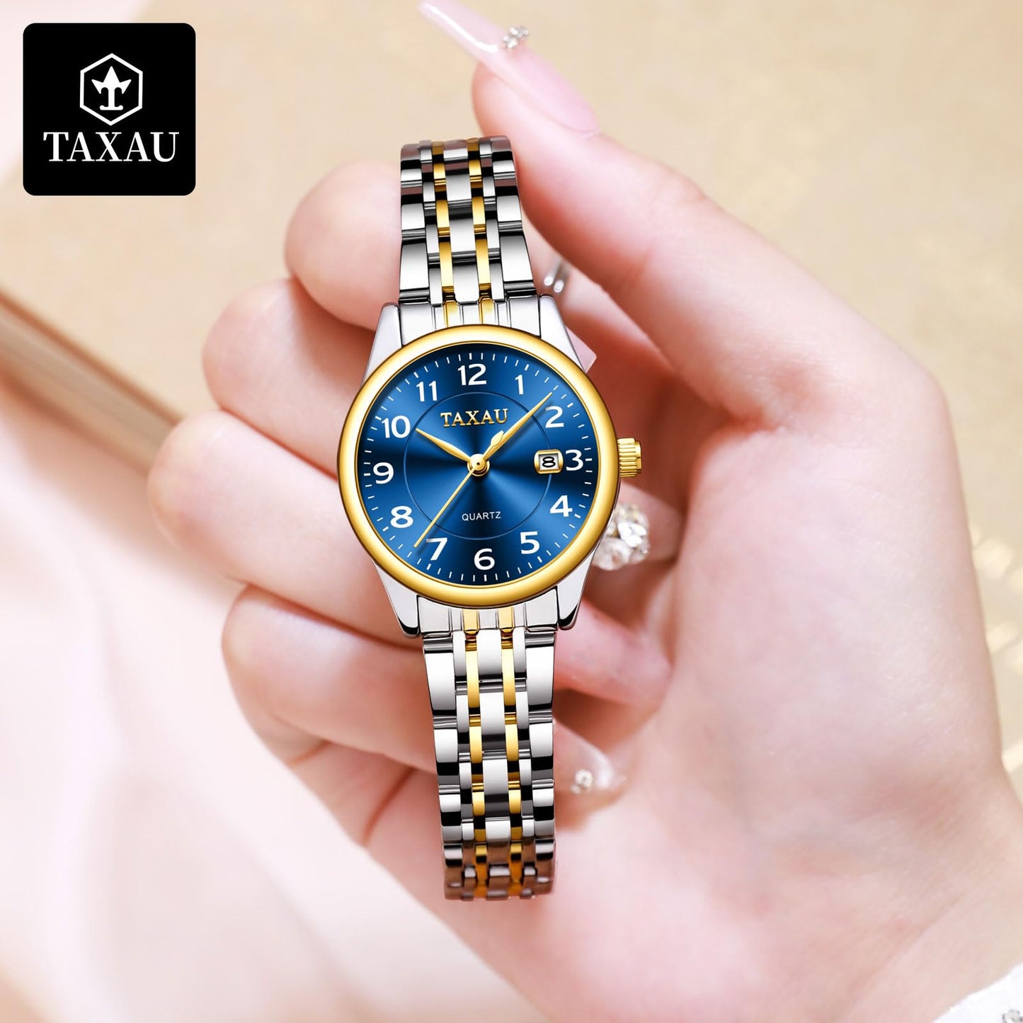 Taxau Uhren Frauen Elegantes Kleid Blaues Zifferblatt Analog Quarz Damen Wirstwatch Edelstahl für Frauen Wasserdicht Leuchtdatum Klassisches Kleid Reloj para Mujer